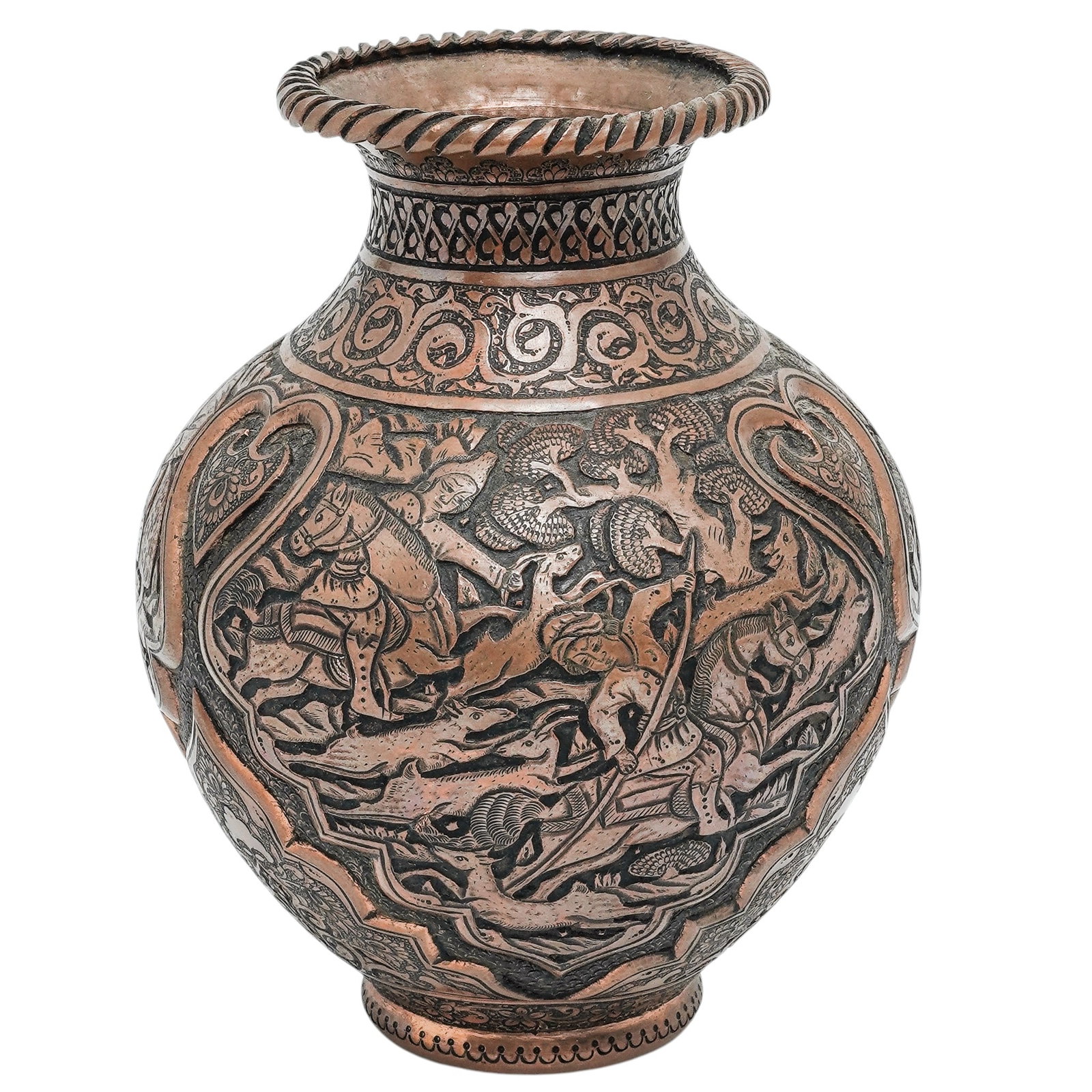 Antique Persian Qalamzani Copper Vase: Antique Persian Qalamzani Copper Vase Early 20th Century, Iran. Handcrafted Persian copper vase of globular form with a flared neck and rolled rim, richly decorated in the traditional qalamzani (hand-