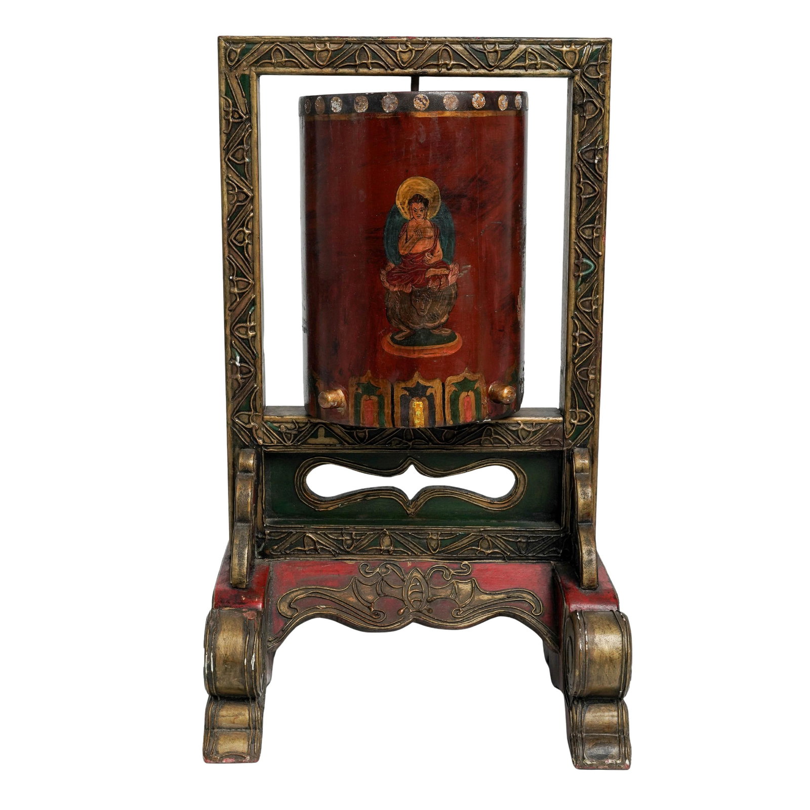 Antique Tibetan Buddhist Lacquered Wood Praying Mantra Wheel: Antique Tibetan Buddhist Lacquered Wood Praying Mantra Wheel Late 19th to early 20th Cent. This piece is a Tibetan tabletop prayer wheel, also known as a Mani Korlo or 'Mantra Wheel.' Traditionally us