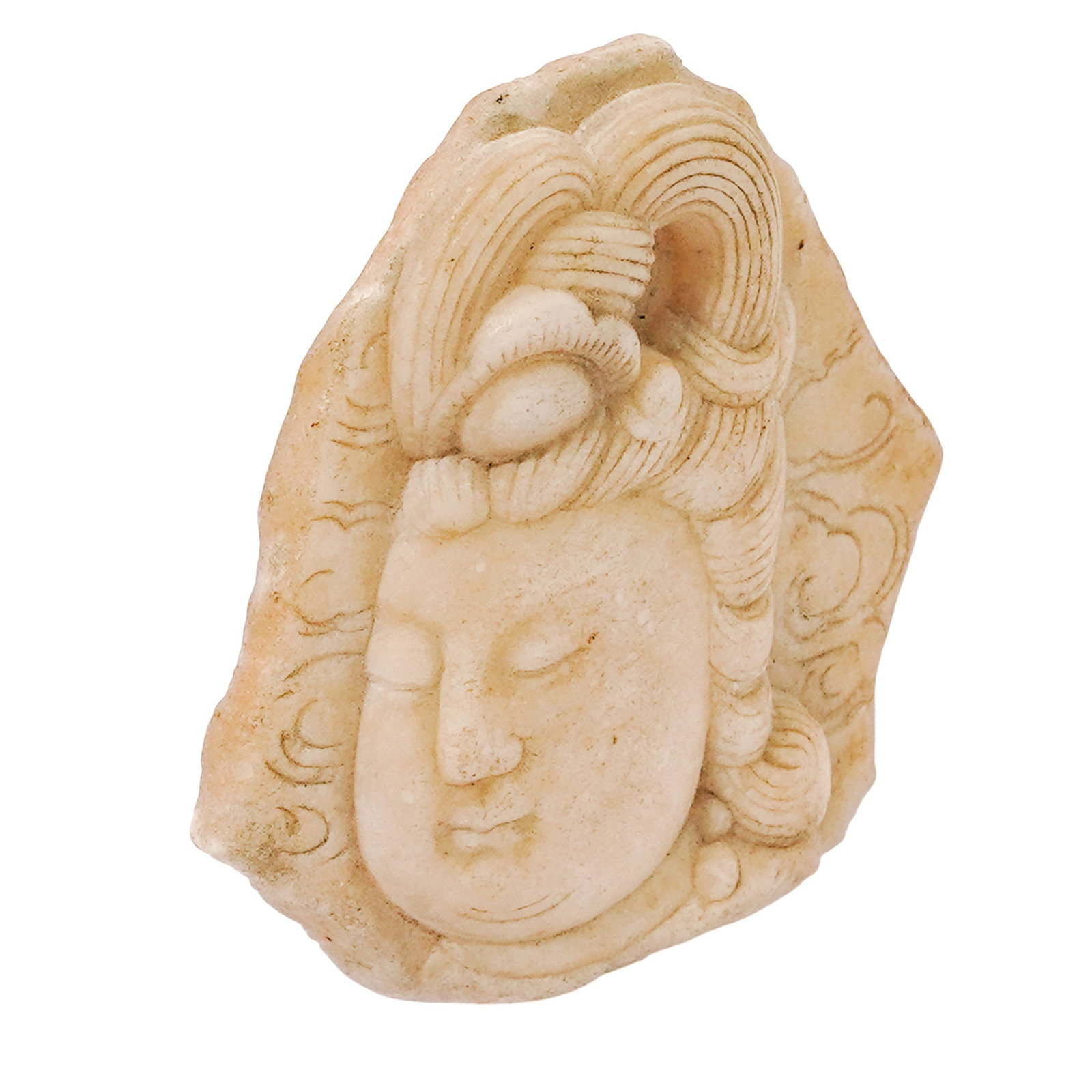Antique Chinese Carved Marble Relief Fragment: Antique Chinese Carved Marble Relief Fragment Early 20th Cent., Chinese This is a Chinese carved marble relief fragment of the Goddess Guanyin, the Bodhisattva of compassion. This is a stone panel fra