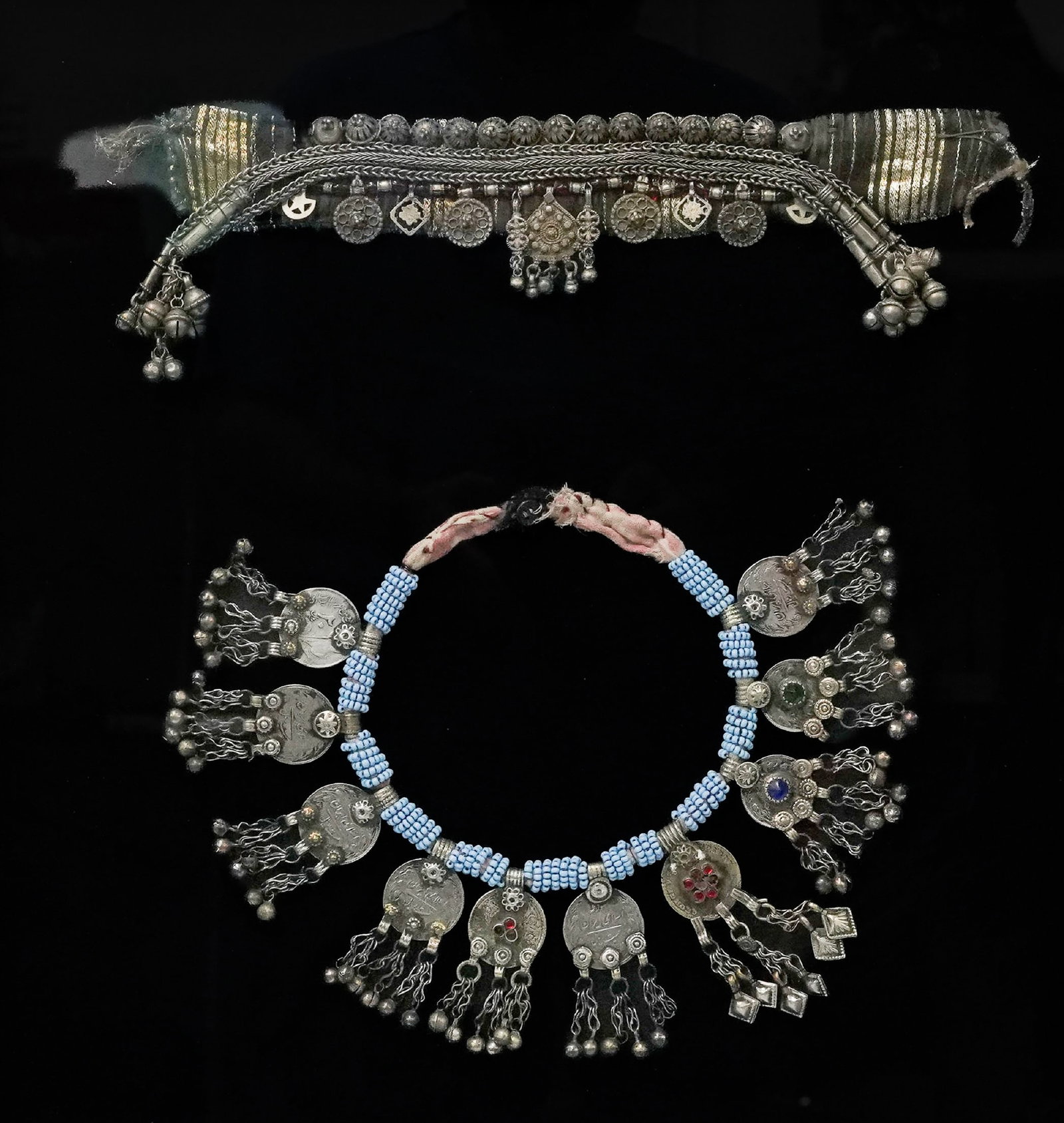 Antique Afghan Silver Coin Necklace & Wedding Necklace: Antique Afghan Silver Coin Necklace & Wedding Necklace Early 20th Century, Afghanistan. Including a silver-tone wedding necklace with suspended coin and bell-form ornamentation, and a beaded coin neck