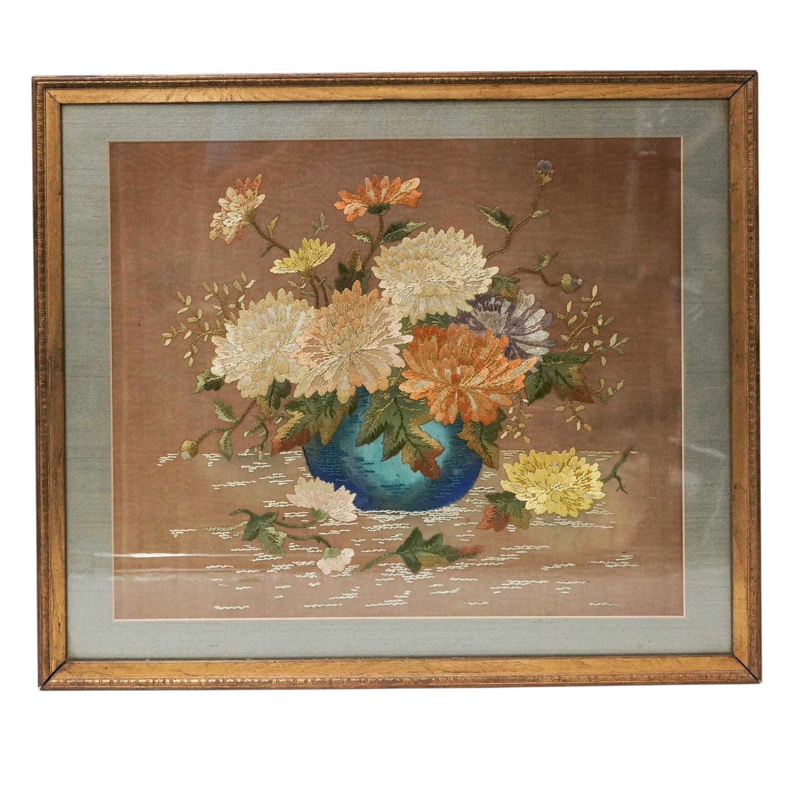 Vintage Chinese Silk Embroidered Still Life with Bouquet (1 of 5)