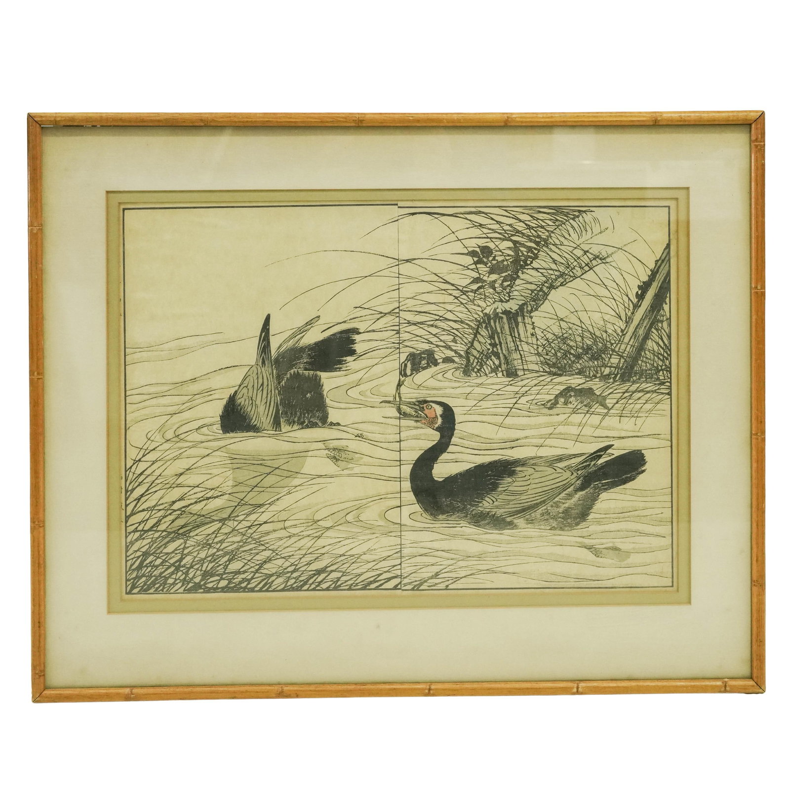Imao Keinen (Japanese, 1845-1924), 'Loons in Pond’ Woodblock Print: Imao Keinen (Japanese, 1845-1924), 'Loons in Pond’ Woodblock Print Late 19th Century, Japan. Depicting waterfowl swimming among reeds in a tranquil marsh landscape, rendered in the refined naturalis