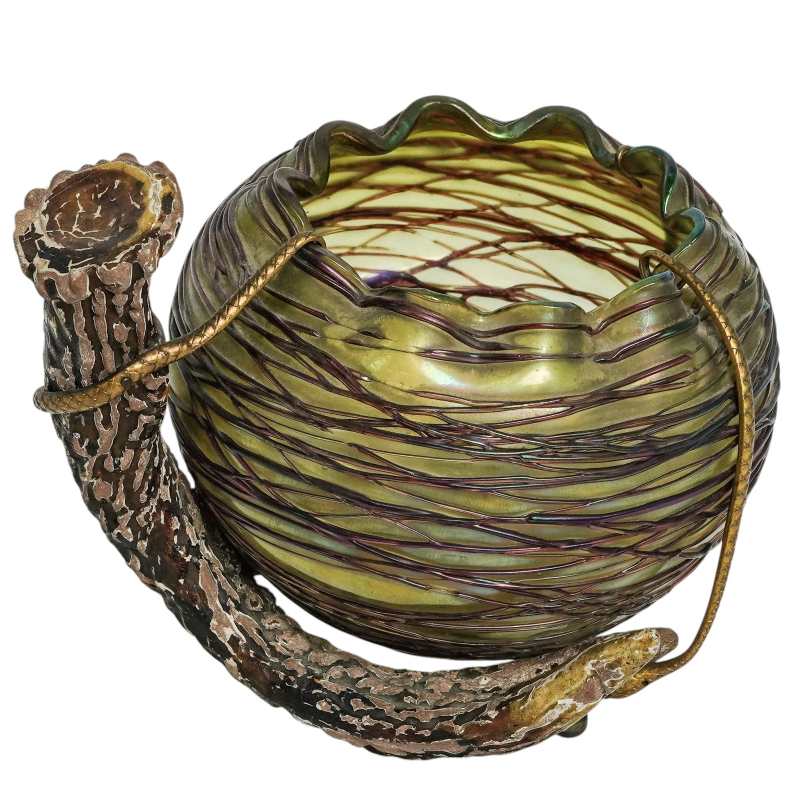 Loetz-Style Threaded Art Glass Antler Bowl: Loetz-Style Threaded Art Glass Antler Bowl Mid-20th Century, Continental. Iridescent art glass bowl in the Loetz taste, featuring a threaded snake surface with pulled, organic ribbing and a ruffled ri