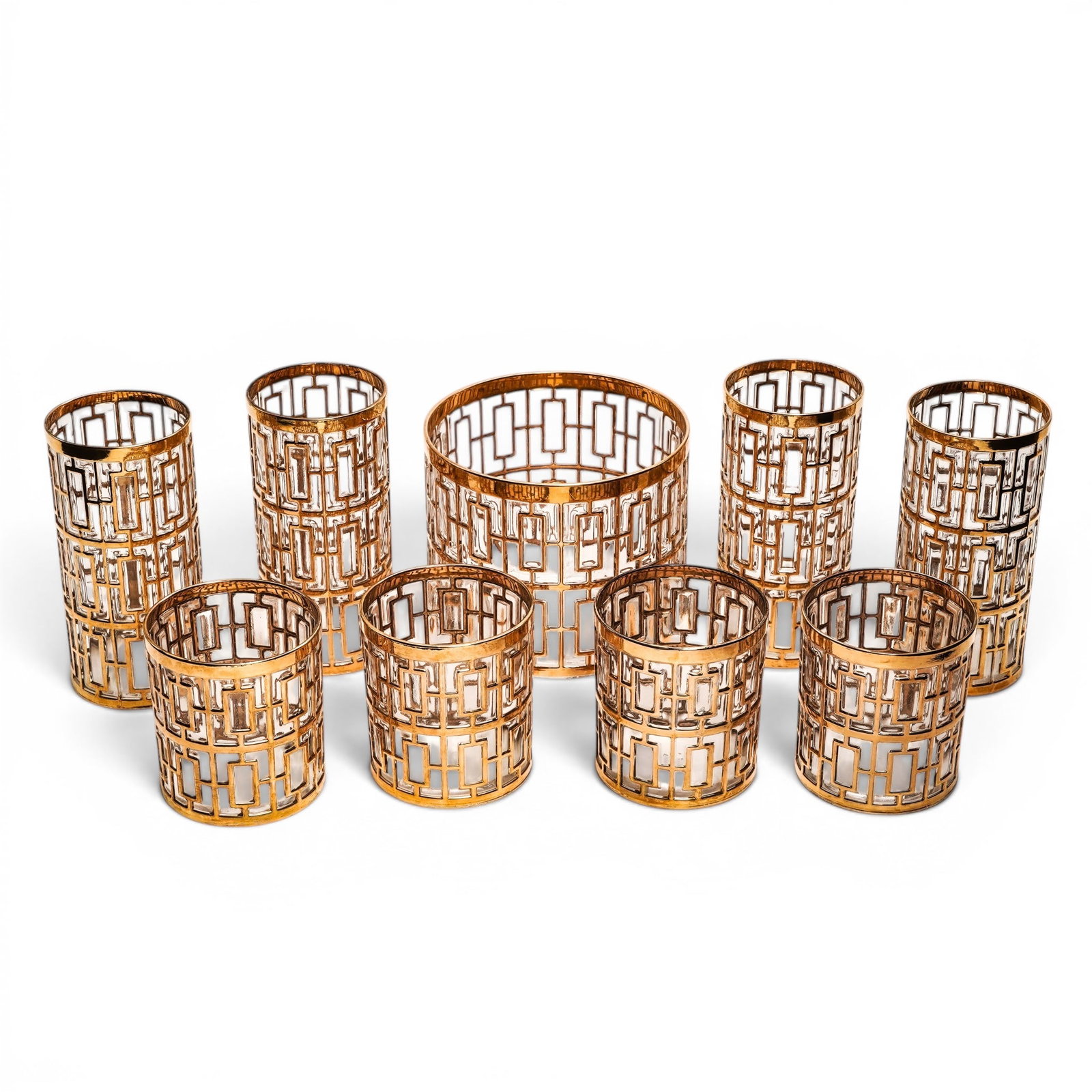 (9 Pc) Vintage Imperial Glass Co. 'Shoji Trellis' Gilt Barware Set: (9 Pc) Vintage Imperial Glass Co. 'Shoji Trellis' Gilt Barware Set Mid-20th Century, USA A nine piece collection of 22K gold hand painted barware in the iconic Shoji pattern by the Imperial Glass Comp