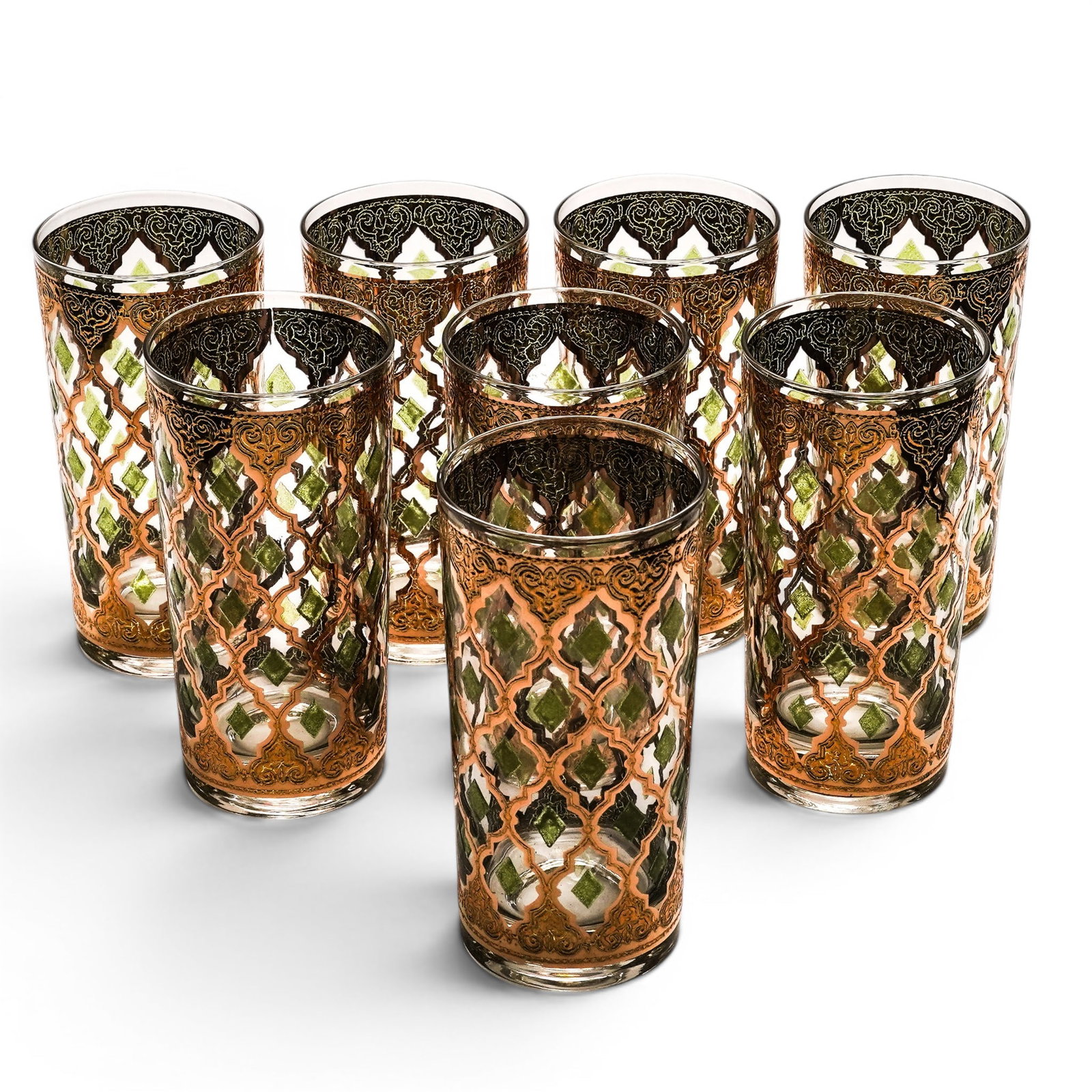 (8 Pc) Vintage Culver 'Valencia' Highball Glasses: (8 Pc) Vintage Culver 'Valencia' Highball Glasses Mid-20th Century, USA Set of eight vintage highball glasses by Culver Ltd. in the sought-after “Valencia” pattern, featuring green and clear g