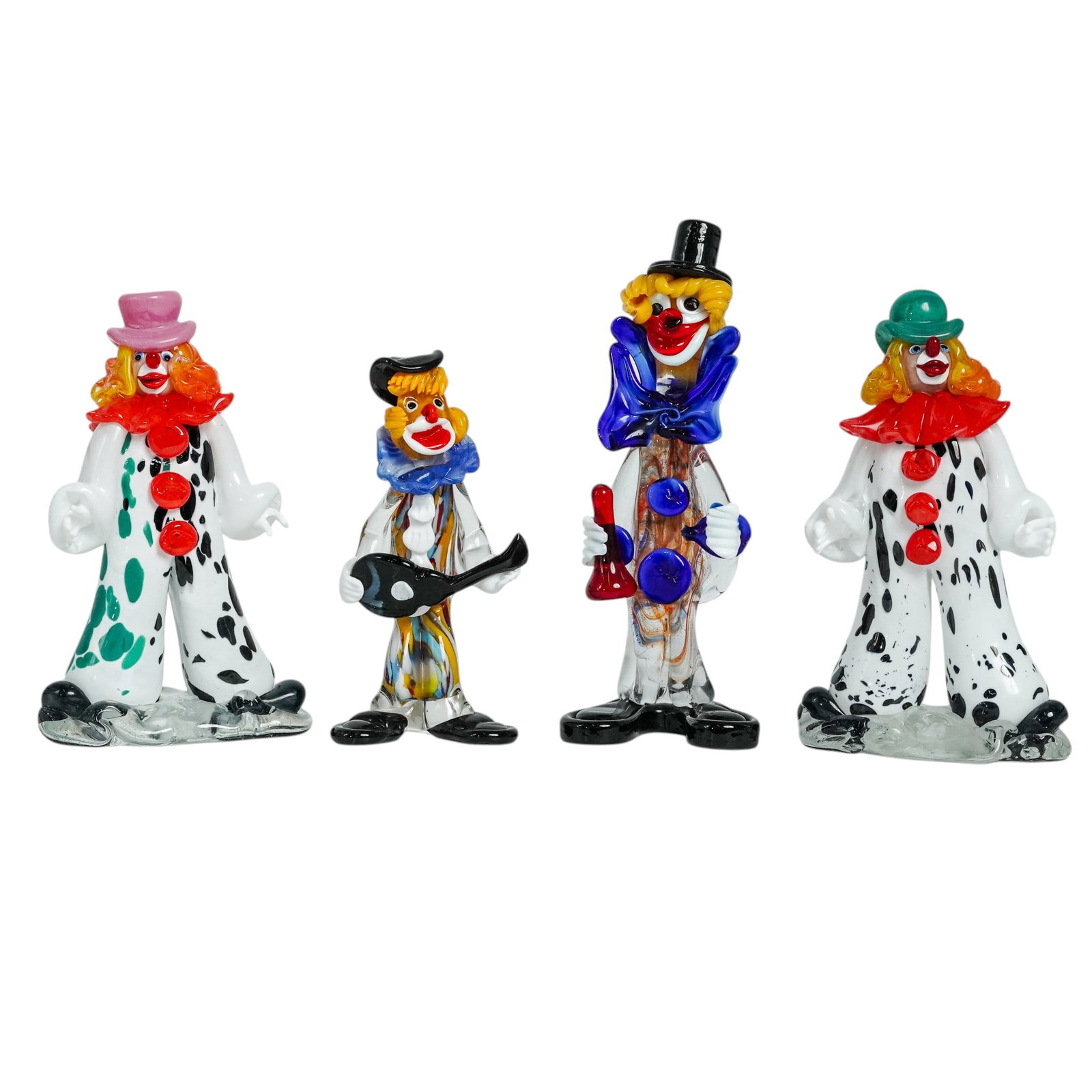 (4 pc) Vintage Zelezny Brod Art Glass & Murano Glass Clown Figurines: (4 pc) Vintage Zelezny Brod Art Glass & Murano Glass Clown Figurines 20th Century, Continental. Group of four art glass clown figures, including two with green and pink glass hats with stamps from Zel