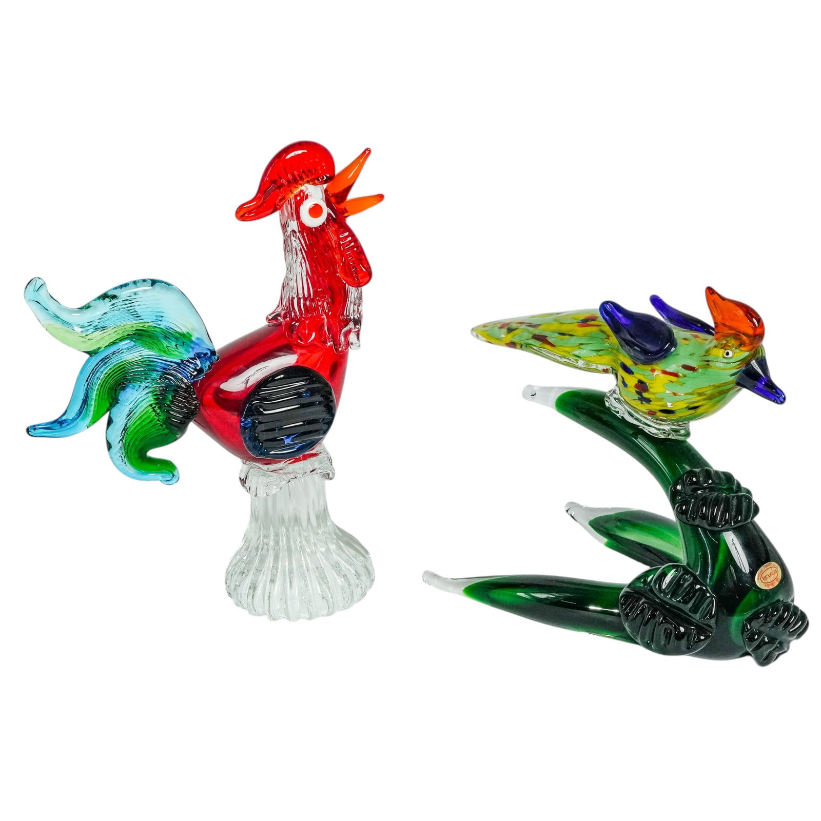 (2 Pc) Murano Glass Rooster & Perched Bird Figurines: (2 Pc) Murano Glass Rooster & Perched Bird Figurines Late 20th Century, Italy. Including two Murano art glass figures, comprising of a rooster decorated with sobmerso style technique in red and clear 