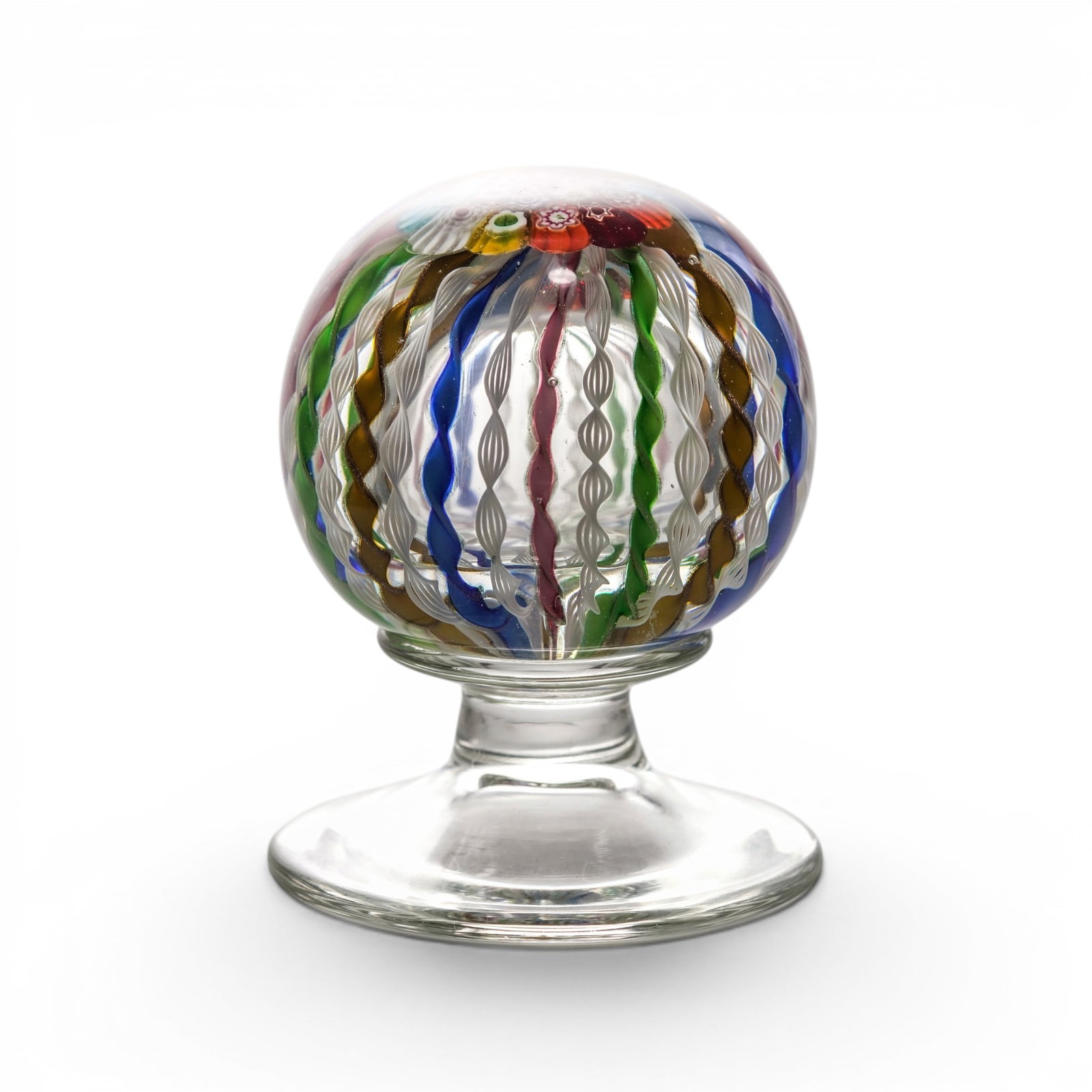 Vintage Murano Art Glass Millefiori Paperweight: Vintage Murano Art Glass Millefiori Paperweight Mid-Late 20th Century, Italy. Italian art glass paperweight in the Murano tradition, featuring a domed form with internal millefiori decoration composed
