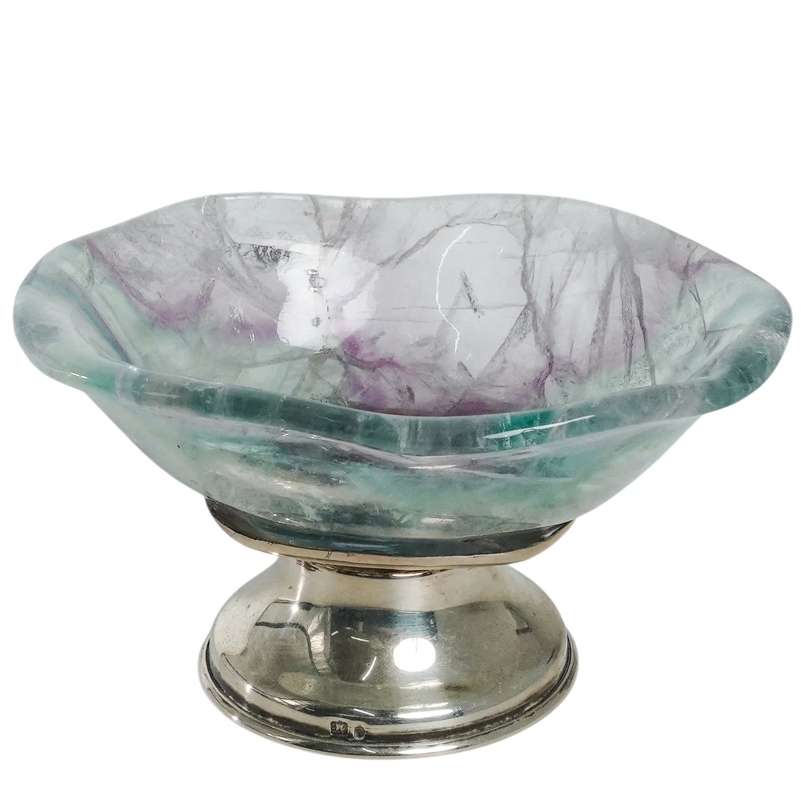 Vintage Portuguese Silver Footed Quartz Crystal Dish: Vintage Portuguese Silver Footed Quartz Crystal Dish 20th Century, Portugal Vintage Portuguese .835 Silver Mounted quartz Crystal Dish. Features a polished rock crystal bowl with natural green and pur