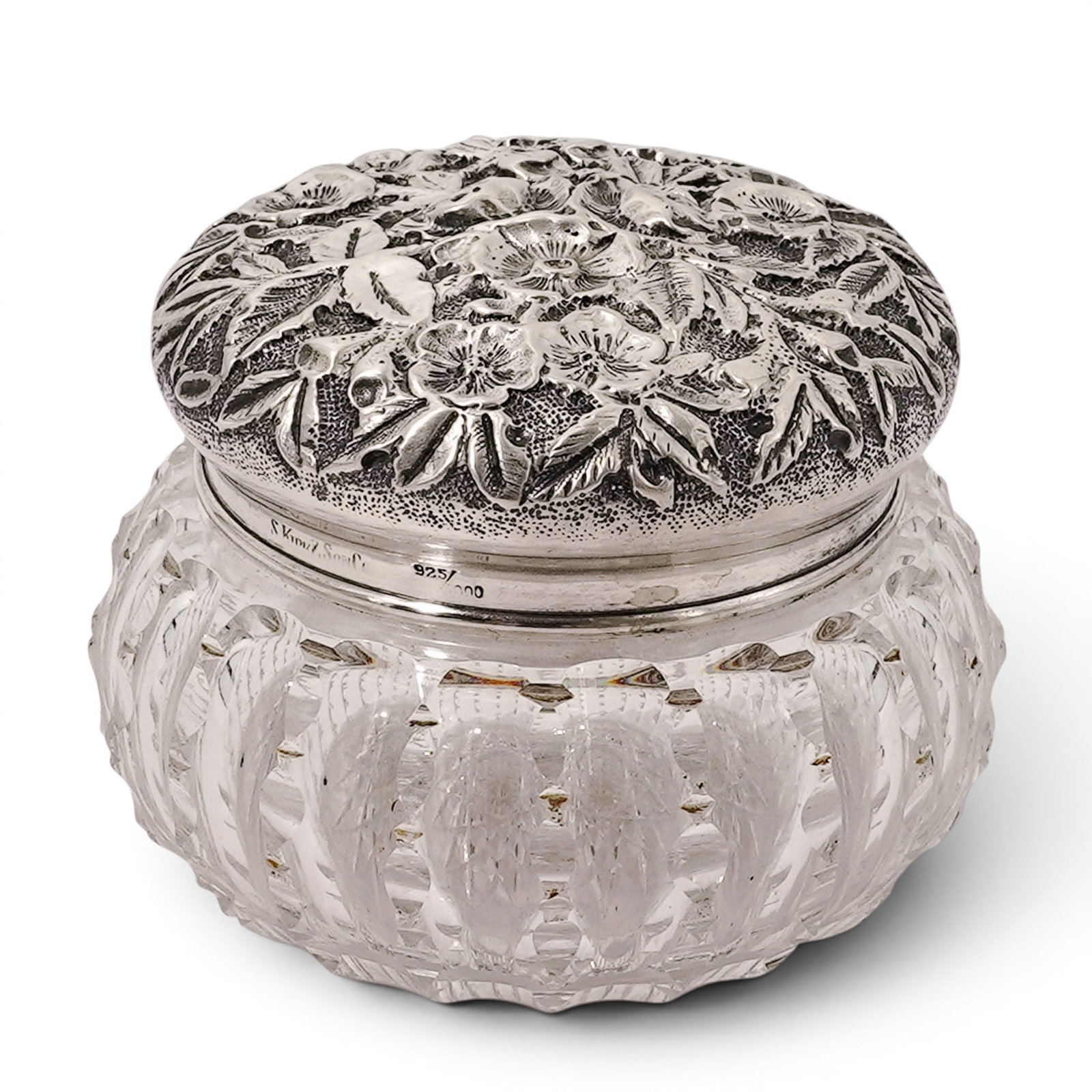 S. Kirk & Sons Sterling Silver & Crystal Vanity Jar: S. Kirk & Sons Sterling Silver & Crystal Vanity Jar c. 1886-1896, USA The lid features Kirk's famous Repousse (or "Baltimore Flower") pattern, which was first introduced in 1828. This signature style 