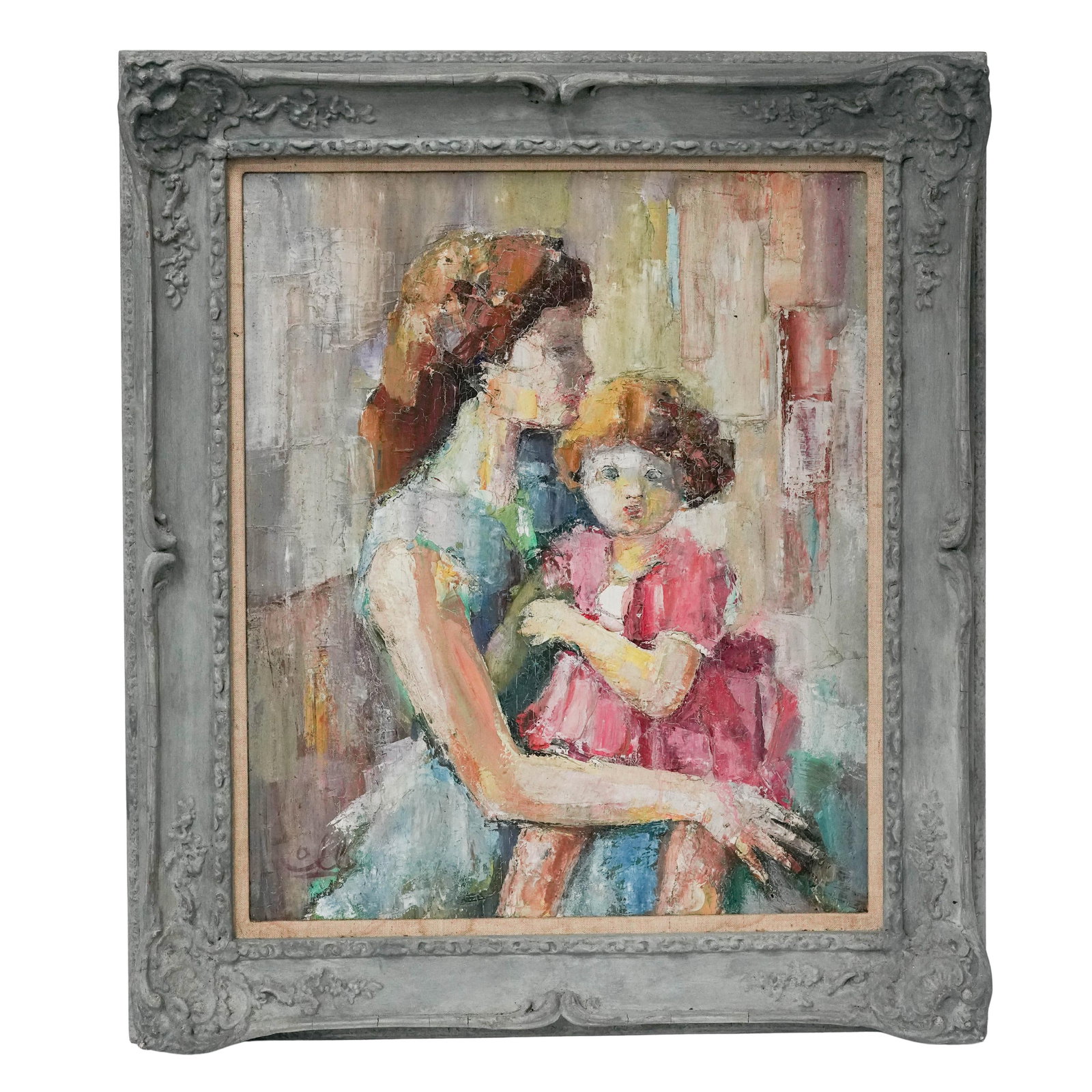 Albert Coll (American, 1918-), 'Maternite' Oil on Panel Painting: Albert Coll (American, 1918- ), 'Maternite' Oil on Panel Painting 1960, USA Albert Coll (American, b. 1918), "Maternite", oil on panel depicting a seated mother and child in an expressive modernist in