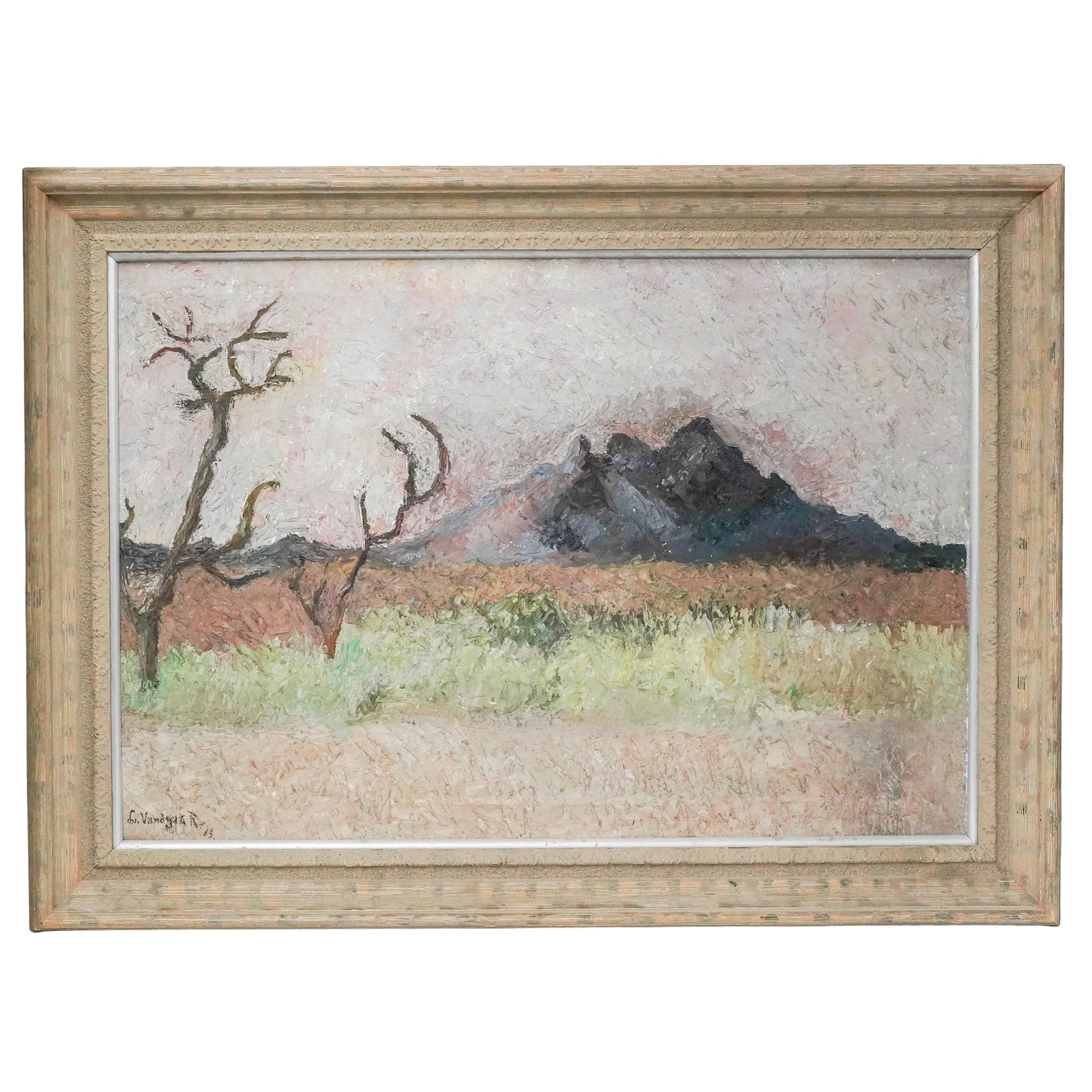 Leonel Vanegas (Nicaraguan, 1942–1989), 'Paisaje Cevros Wissisil' Oil on Canvas Painting: Leonel Vanegas (Nicaraguan, 1942–1989), 'Paisaje Cevros Wissisil' Oil on Canvas Painting 1963, Nicaragua. Oil on canvas depicting a mountainous landscape with sparse trees and textured brushwork in 