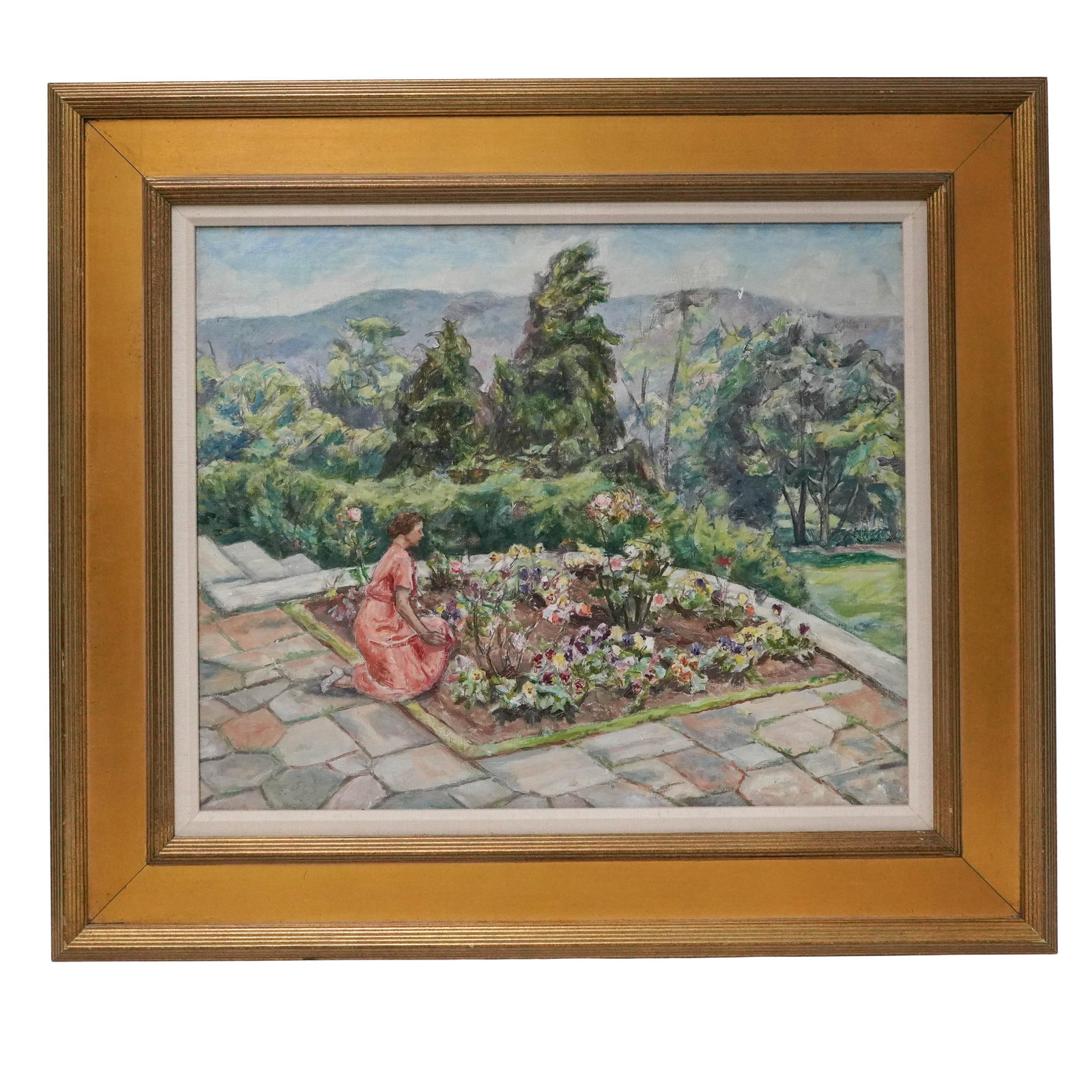 Impressionist Girl In Garden, Oil On Canvas: Impressionist Girl In Garden, Oil On Canvas 20th Cent. Oil on canvas depicting a seated female figure tending a flower garden within a lush landscape setting. Rendered in an impressionistic manner and