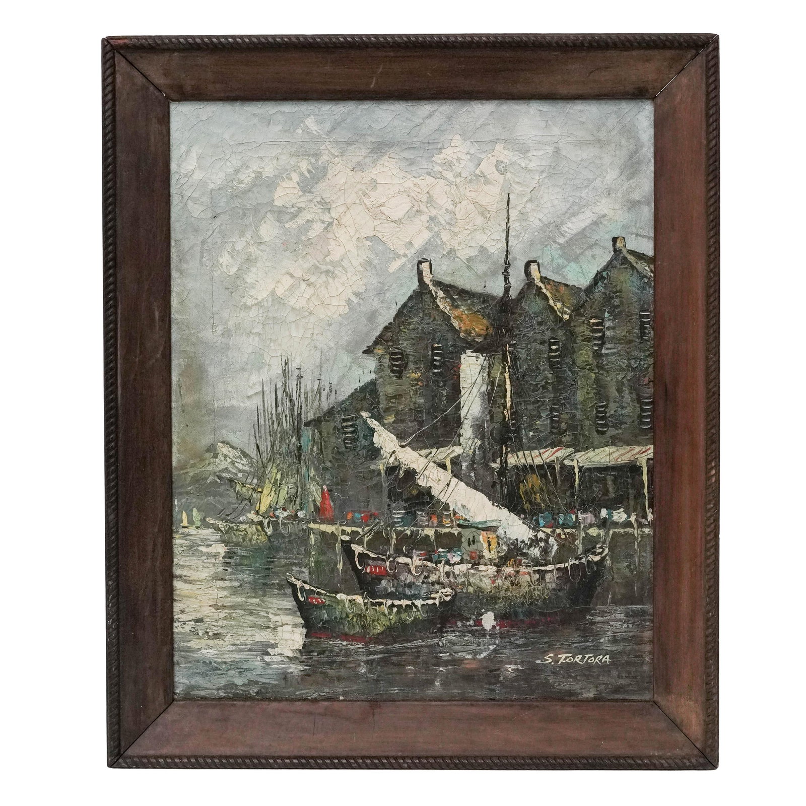 Signed Seaside Town Oil on Canvas: Signed Seaside Town Oil on Canvas Early 20th Century, Continental Impasto harbor scene depicting moored fishing vessels beside waterfront buildings beneath a cloudy sky, signed lower right “S. Torto