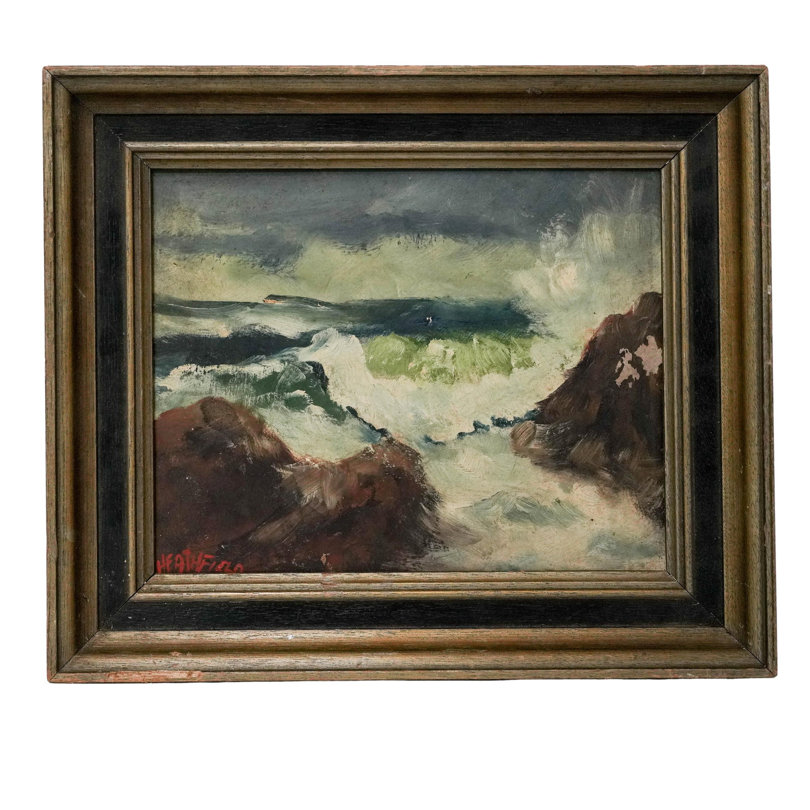 Robert W. Heathfield (American, 1912-2002) 'Rough Seas Over Rocks', Oil on Board: Robert W. Heathfield (American, 1912-2002) 'Rough Seas Over Rocks', Oil on Board Mid-20th Century, USA Oil on board depicting crashing ocean waves along a rocky shoreline beneath a stormy sky. Signed,