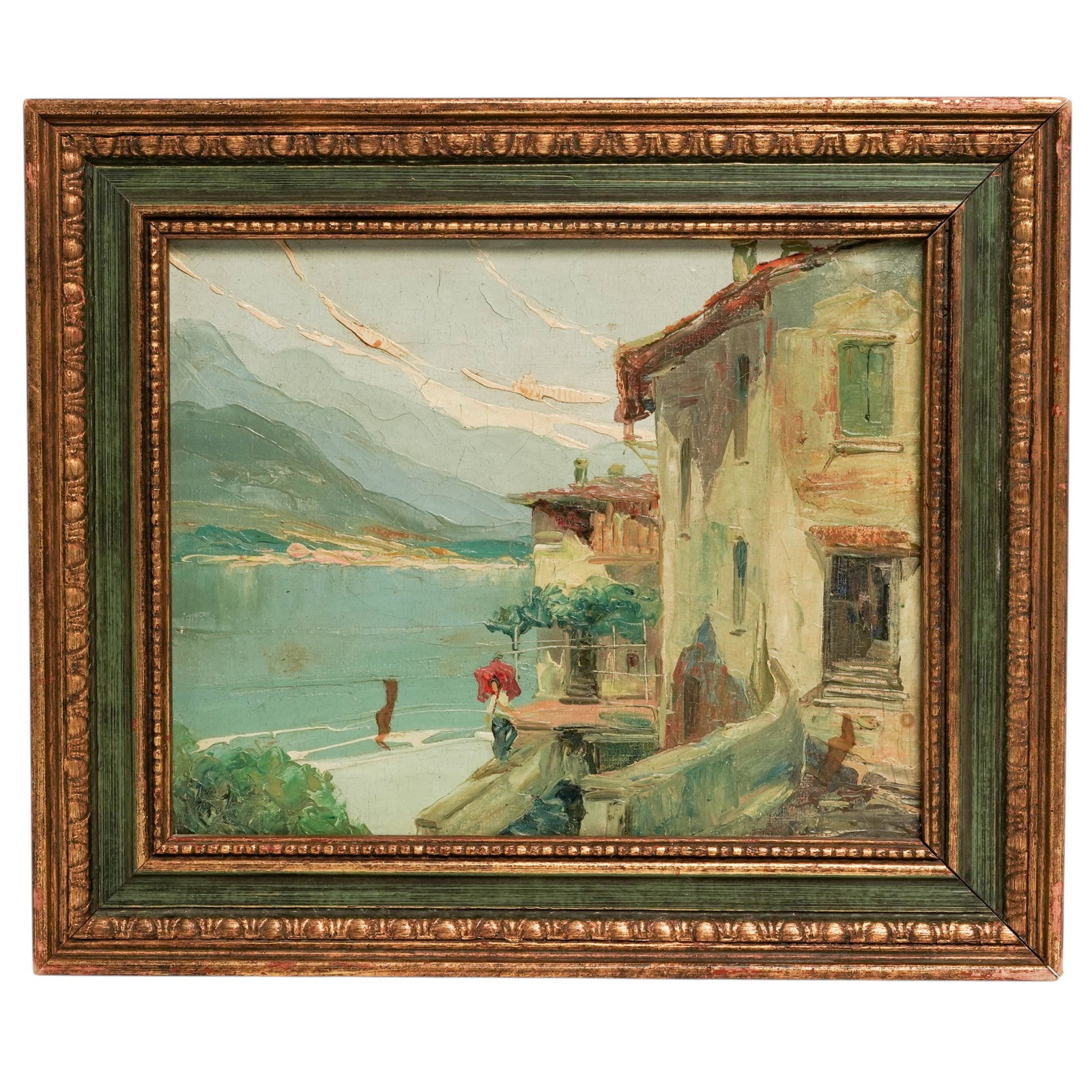 Antique Mediterranean Scene, Oil On Canvas: Antique Mediterranean Scene, Oil On Canvas Early 20th Century, Continental Oil on canvas depicting a narrow Mediterranean village passage with stucco architecture and impasto brushwork in soft pastel 