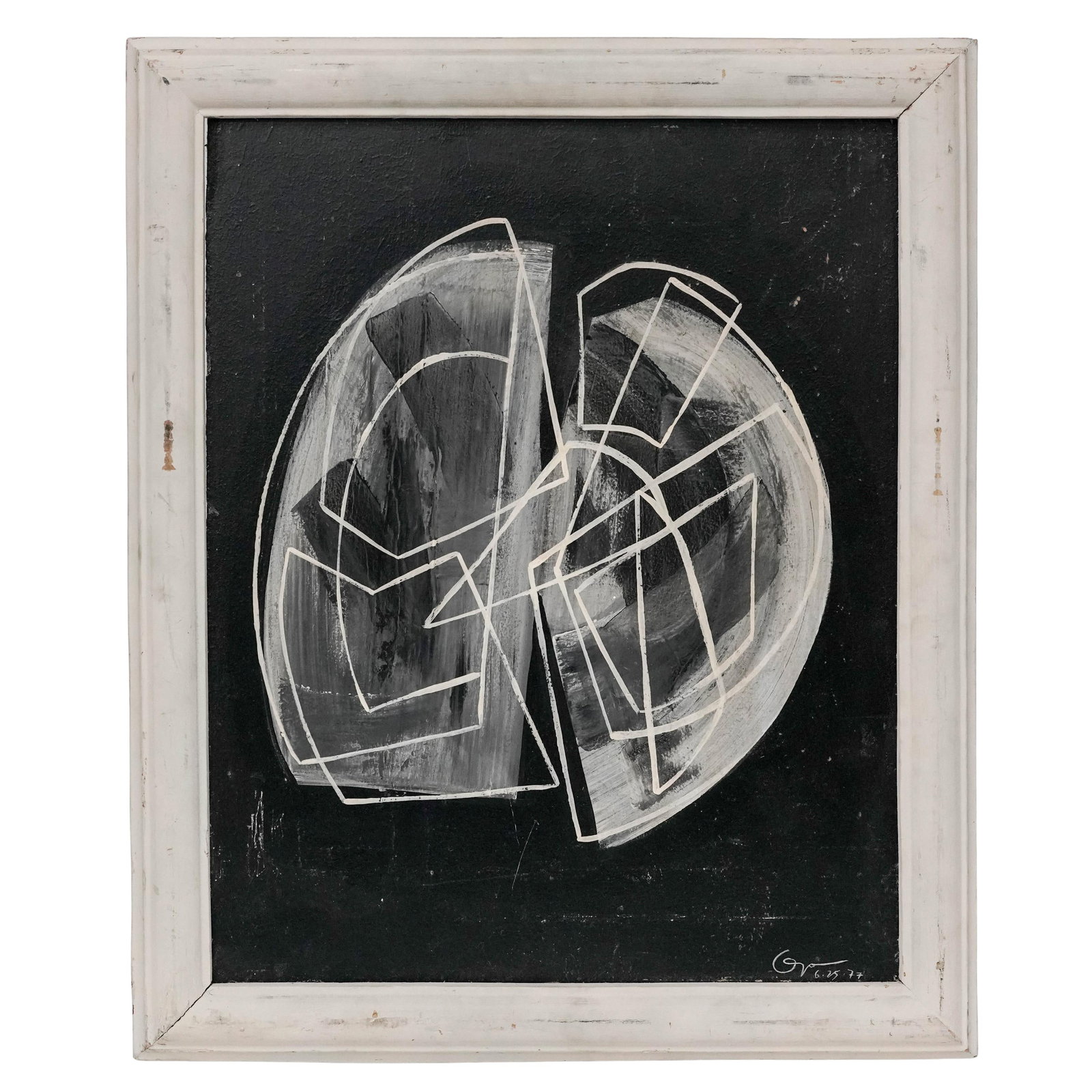 Romulo Olazo (Filipino, 1934-2015), Black & White Oil on Board: Romulo Olazo (Filipino, 1934-2015), Black & White Oil on Board 1977, USA. Black and white abstract composition featuring layered geometric linear forms over gestural brushwork, signed by the artist, "