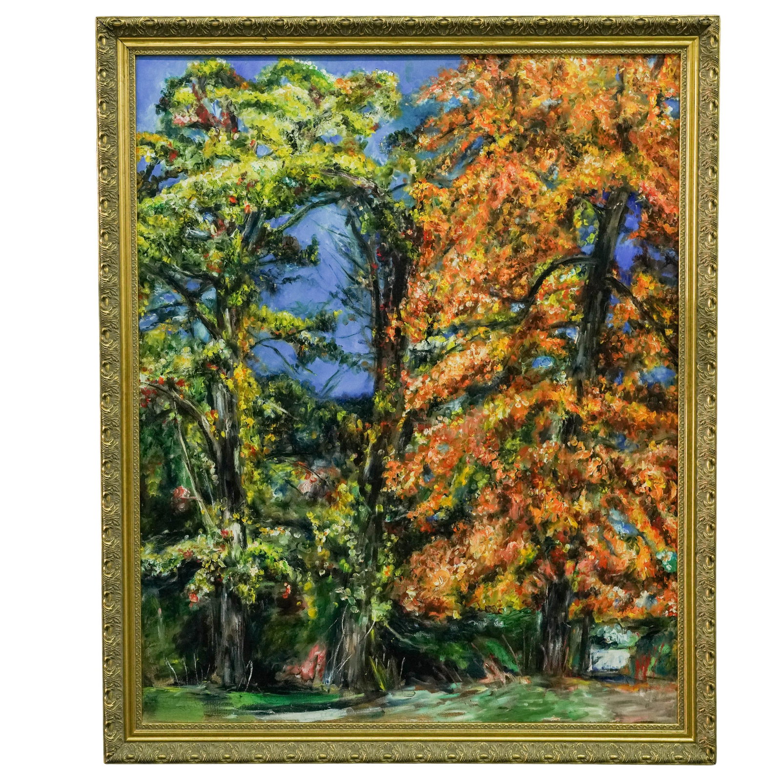 Signed Impressionist Landscape Oil On Canvas Painting: Signed Impressionist Landscape Oil On Canvas Painting 20th Cent. This Impressionist scene is dominated by a rich, warm palette of golden yellow, fiery orange, and deep red leaves. These bright colors 