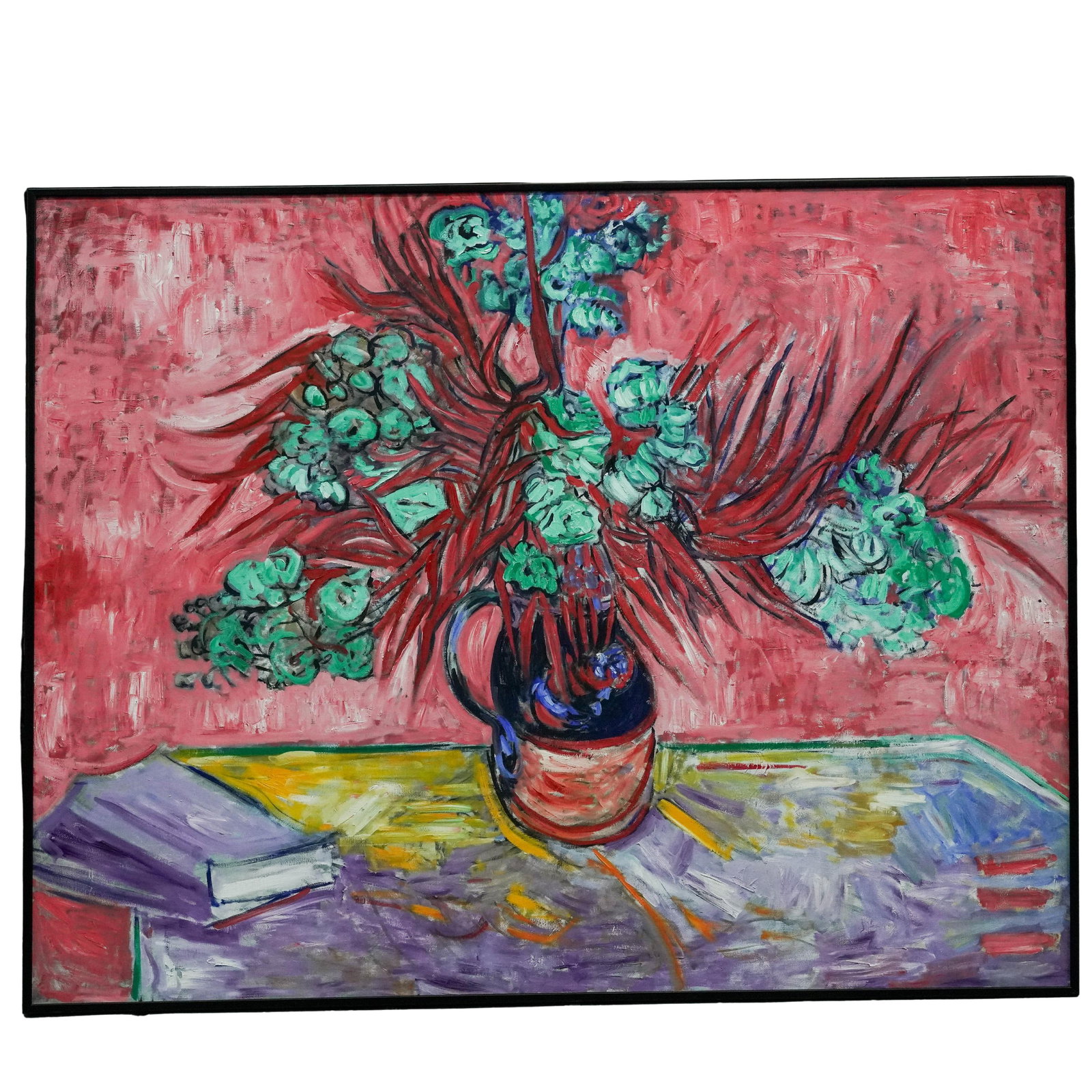 Steven Glucksberg (Amer., 20th Cent.) Large After Van Gogh "Oleanders" O/C: Steven Glucksberg (Amer., 20th Cent.) Large After Van Gogh "Oleanders" O/C Mid to late 20th century, American An large oil on canvas painting of Van Gogh's 1888 still life "Oleanders". Signed on verso
