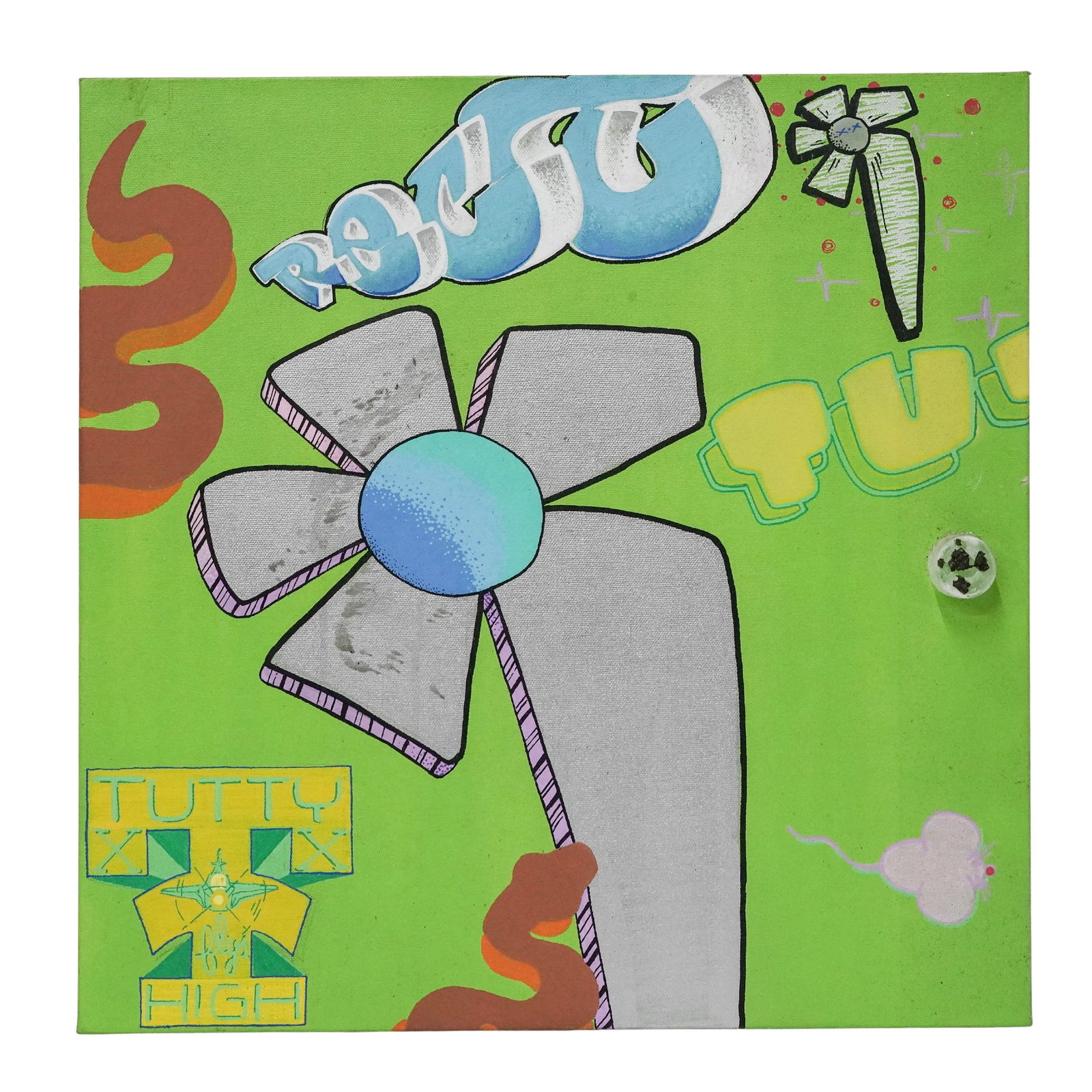 Ze Florist ‘Tutty Flys High,’ Urban Art Mixed Media on Canvas: Colorful contemporary street art-inspired composition featuring a stylized flower motif, graffiti-style lettering, and pop-surreal imagery against a vivid lime green ground. Executed with layered spra