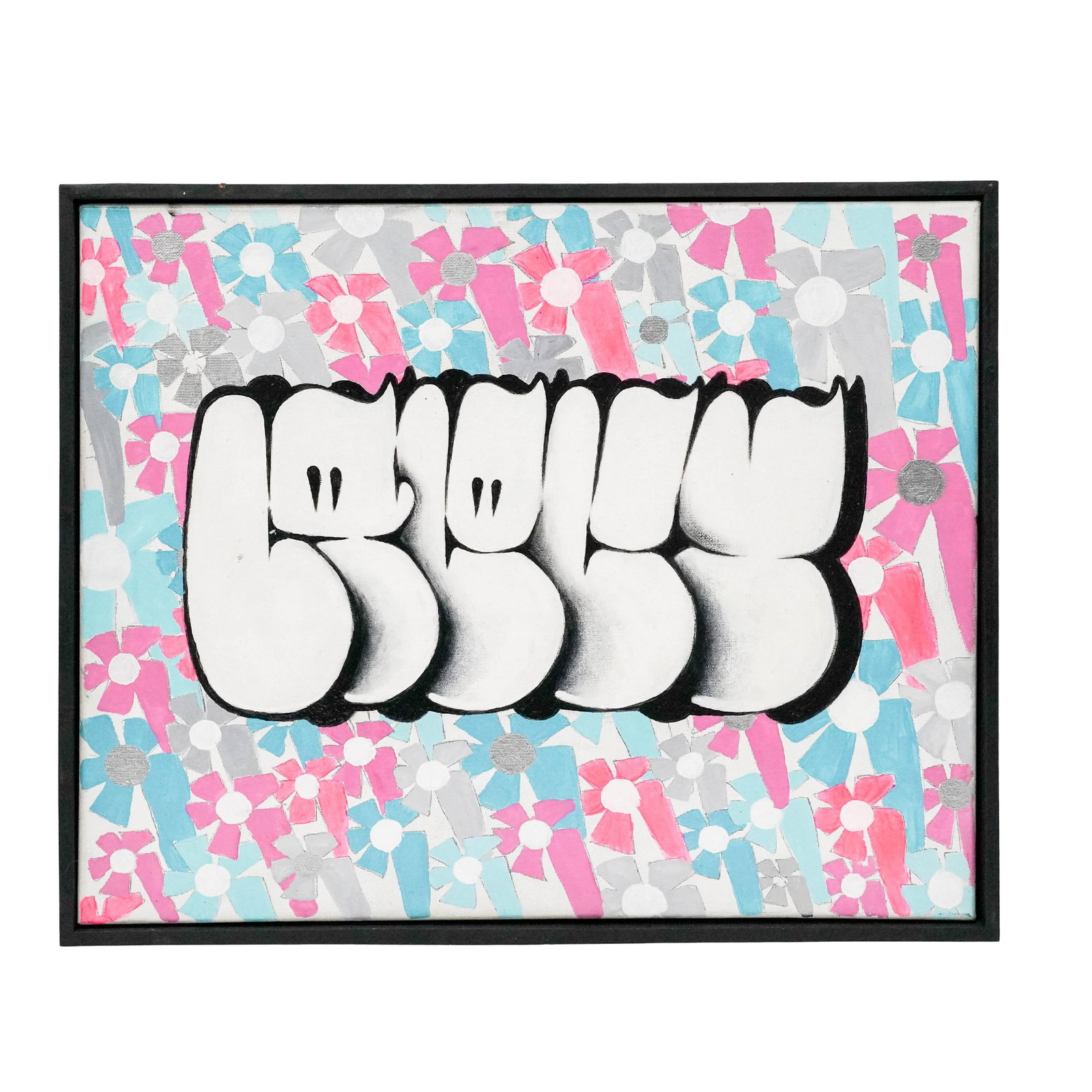 Ze Florist 'Lucky’, Urban Art Mixed Media: Ze Florist 'Lucky’, Urban Art Mixed Media 21st Century, USA Contemporary mixed media composition featuring stylized bubble lettering over a patterned floral ground in pastel tones. Signed lower righ