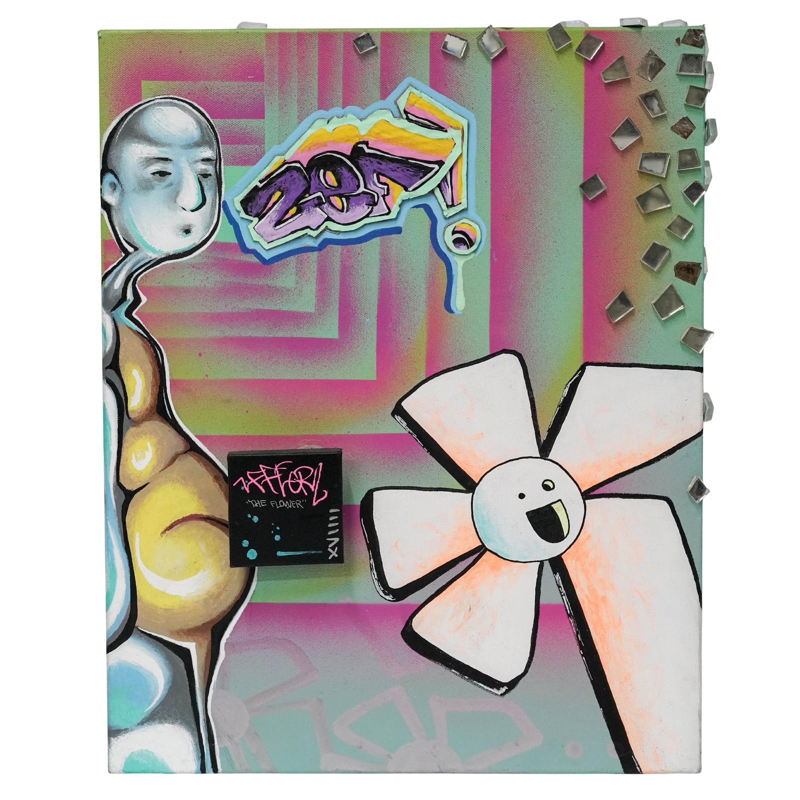 Ze Florist ‘The Flower 19,’ Urban Art Mixed Media on Canvas: Ze Florist ‘The Flower 19,’ Urban Art Mixed Media on Canvas 21st Century, USA Contemporary urban pop-art composition featuring the artist’s signature smiling flower motif alongside graffiti-styl