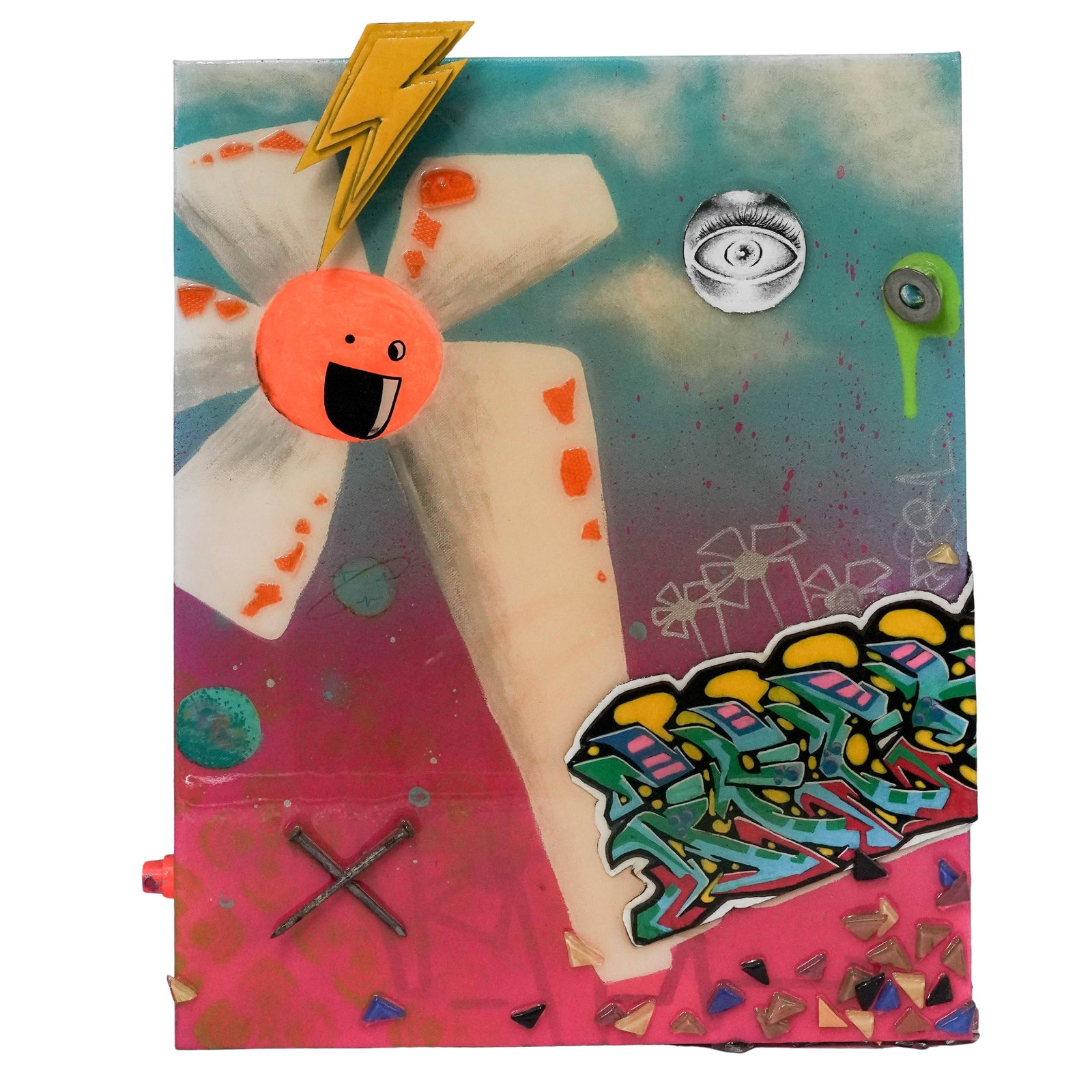 Ze Florist 'Lightning Bolt,' Urban Art Mixed Media on Canvas: Ze Florist 'Lightning Bolt,' Urban Art Mixed Media on Canvas 21st Century, USA Dynamic contemporary mixed media composition combining graffiti-inspired lettering, cartoon flower imagery, and dimension