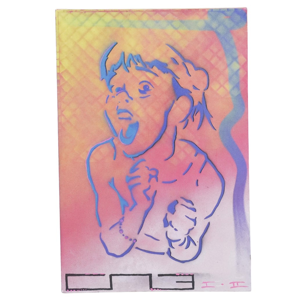 Ze Florist Spraypaint Stencil Urban Art Portrait On Canvas: Ze Florist Spraypaint Stencil Urban Art Portrait On Canvas 21st Century, USA Contemporary street art-inspired portrait executed in spray paint and stencil technique on canvas. Depicts an expressive sc