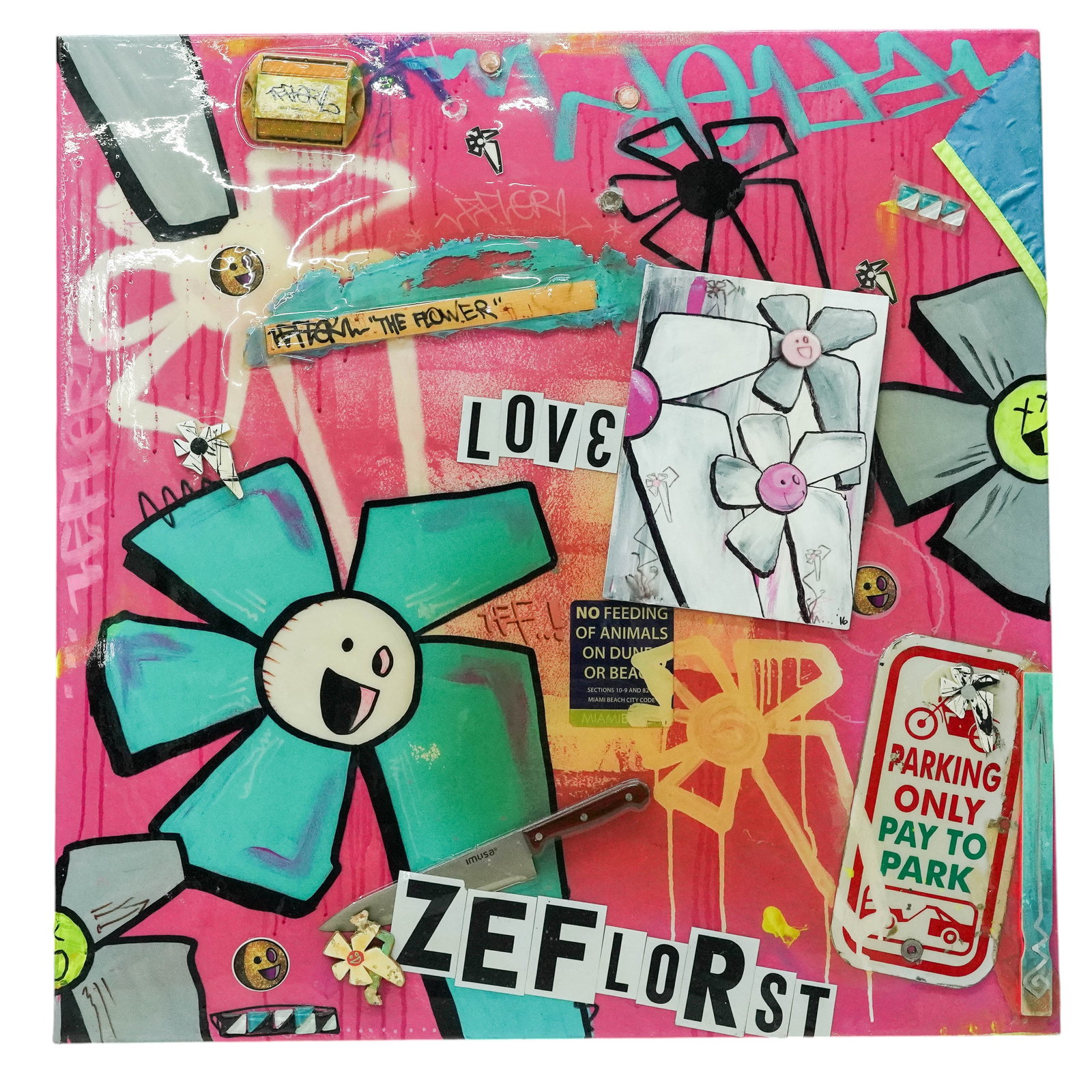 Ze Florist 'The Flower,' Urban Art Mixed Media on Canvas: Ze Florist 'The Flower,' Urban Art Mixed Media on Canvas 21st Century, USA Vibrant contemporary mixed media street art composition featuring cartoon-style flowers, graffiti-inspired text, found-object