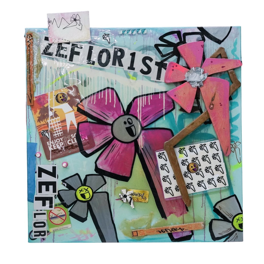Ze Florist, 'The Flower,' Urban Art Mixed Media On Canvas: Ze Florist, 'The Flower,' Urban Art Mixed Media On Canvas 21st Century, USA Large-scale contemporary mixed media street art composition featuring the artist’s signature smiling flower imagery, graff