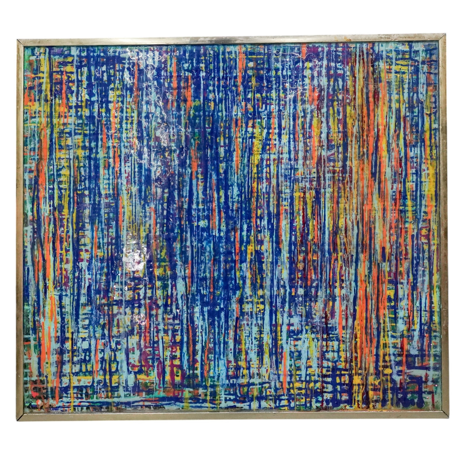 Mid-Century Modern Abstract on Panel: Mid-Century Modern Abstract on Panel Mid-20th Century, USA Mixed media on panel depicting a vibrant abstract composition with layered linear forms in blue, yellow, orange, and white tones. Presented i