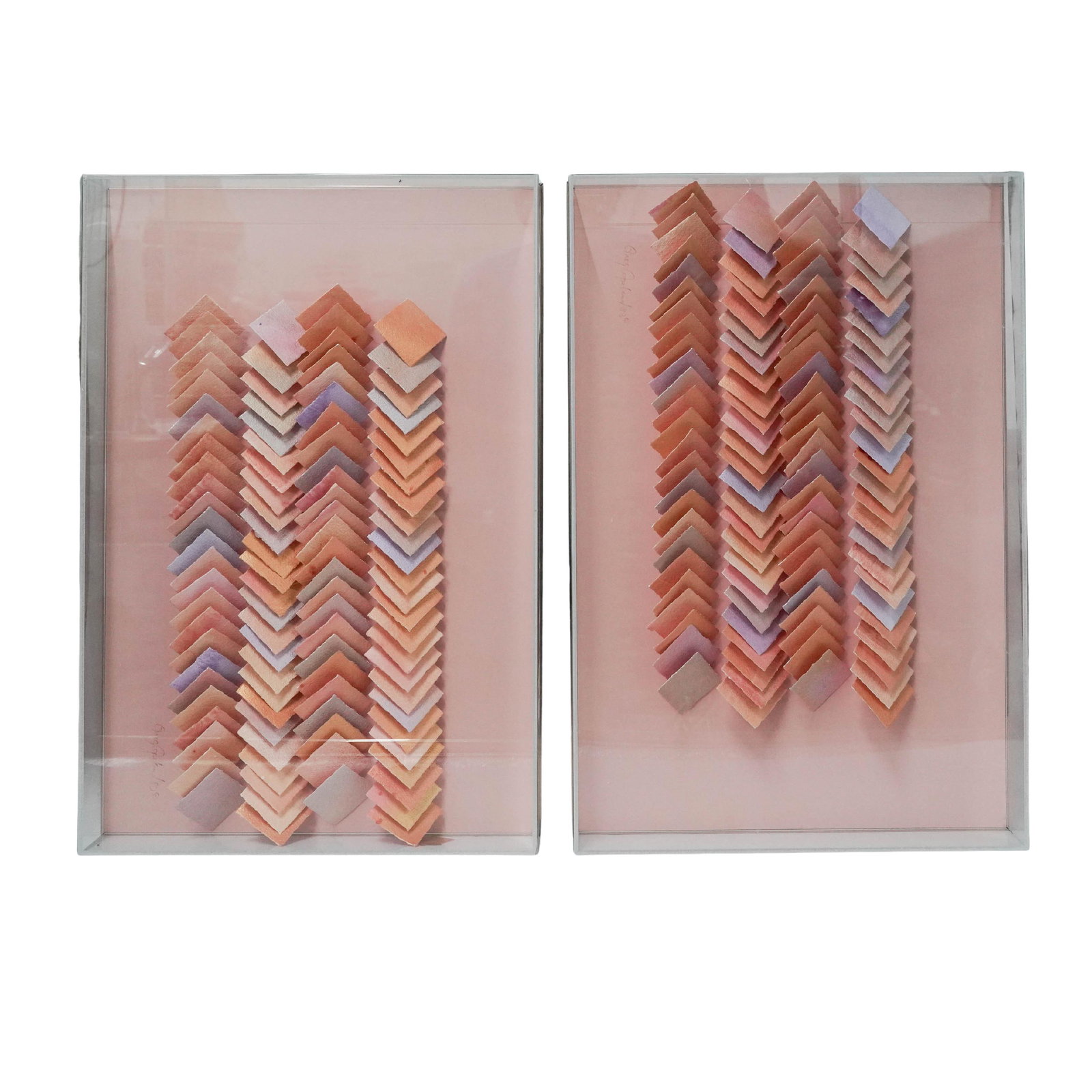 Greg Copeland (American, 20th Cent.) Handmade Paper & Lucite Dipthyc: Greg Copeland (American, 20th Cent.) Handmade Paper & Lucite Dipthyc 1980, American This original 3D layered paper art by Greg Copeland features an interlocking chevron or herringbone pattern composed