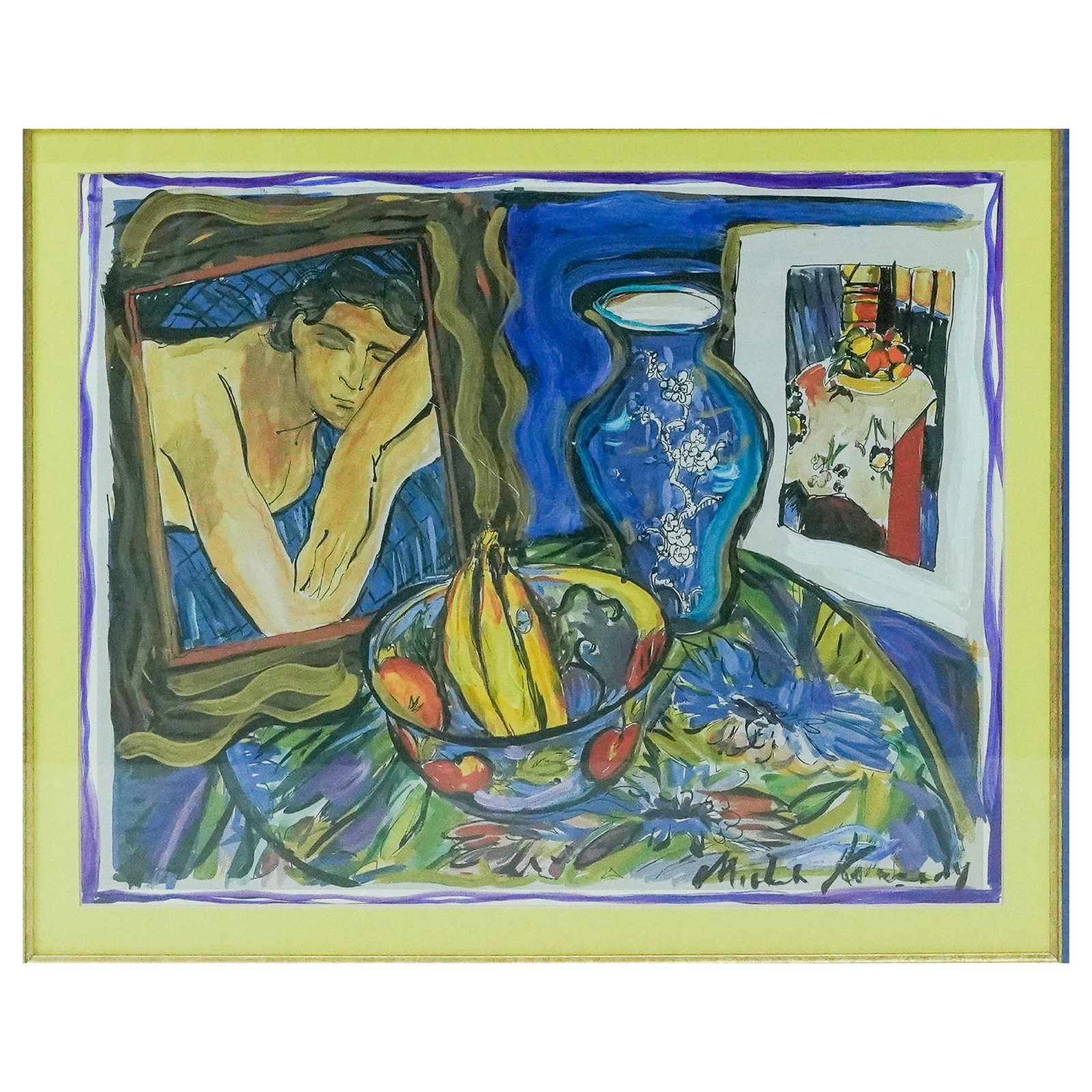 Michele Richard Kennedy "Still Life with Banana" Mixed Media Painting: Michele Richard Kennedy "Still Life with Banana" Mixed Media Painting 20th century, USA The piece is known as a "Homage to Matisse", reflecting a style heavily influenced by the Fauvist master Henri M