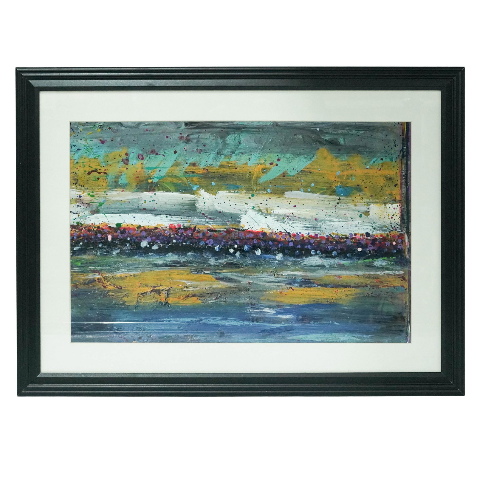 Framed Abstract Oil on Canvas: Framed Abstract Oil on Canvas Late 20th Century, Continental Contemporary abstract landscape-inspired composition featuring layered bands of color with expressive splatter and palette knife techniques