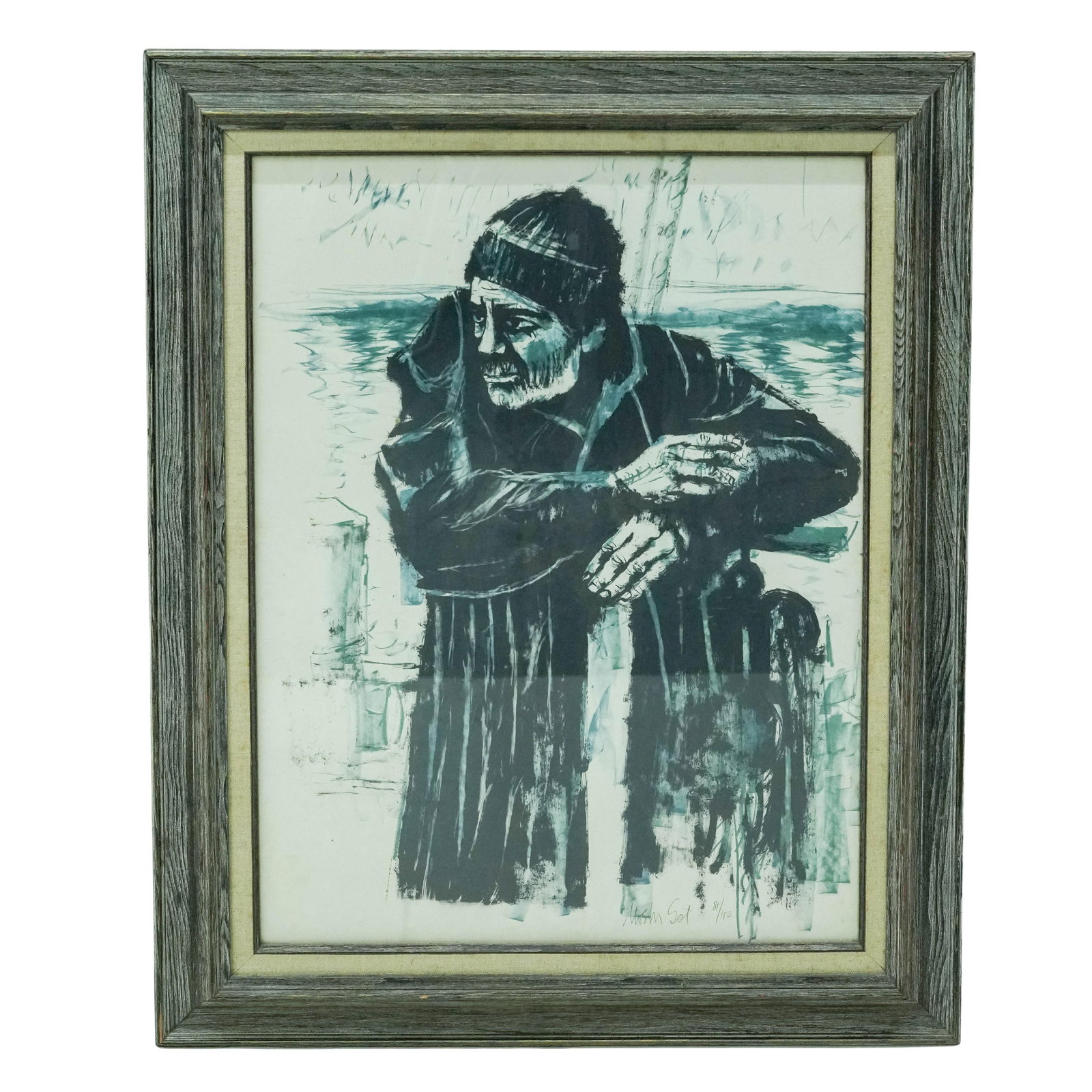 Moshe Gat (Israeli, b. 1835) Social Realism "Fisherman" Lithograph: Moshe Gat (Israeli, b. 1835) Social Realism "Fisherman" Lithograph c. 1961, Israeli This piece is a prominent work by Israeli artist Moshe Gat titled "Fisherman". The work is a prime example of Social