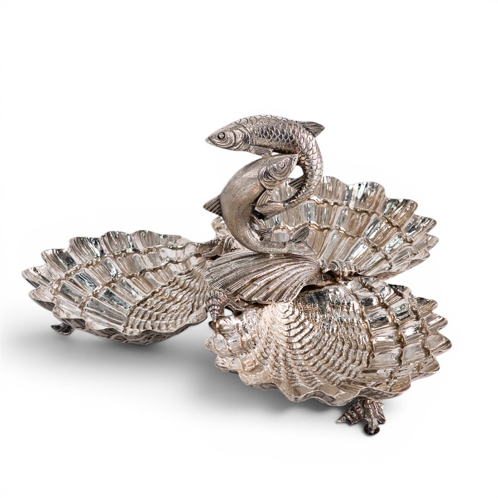 Franco Lapini Silver-Plated Seashell Dish: Franco Lapini Silver-Plated Seashell Dish Mid-late 20th Century, Italy. Elaborate silver plated centerpiece with three seashell dish surmounted with a center handle of two emerging fish, three small c
