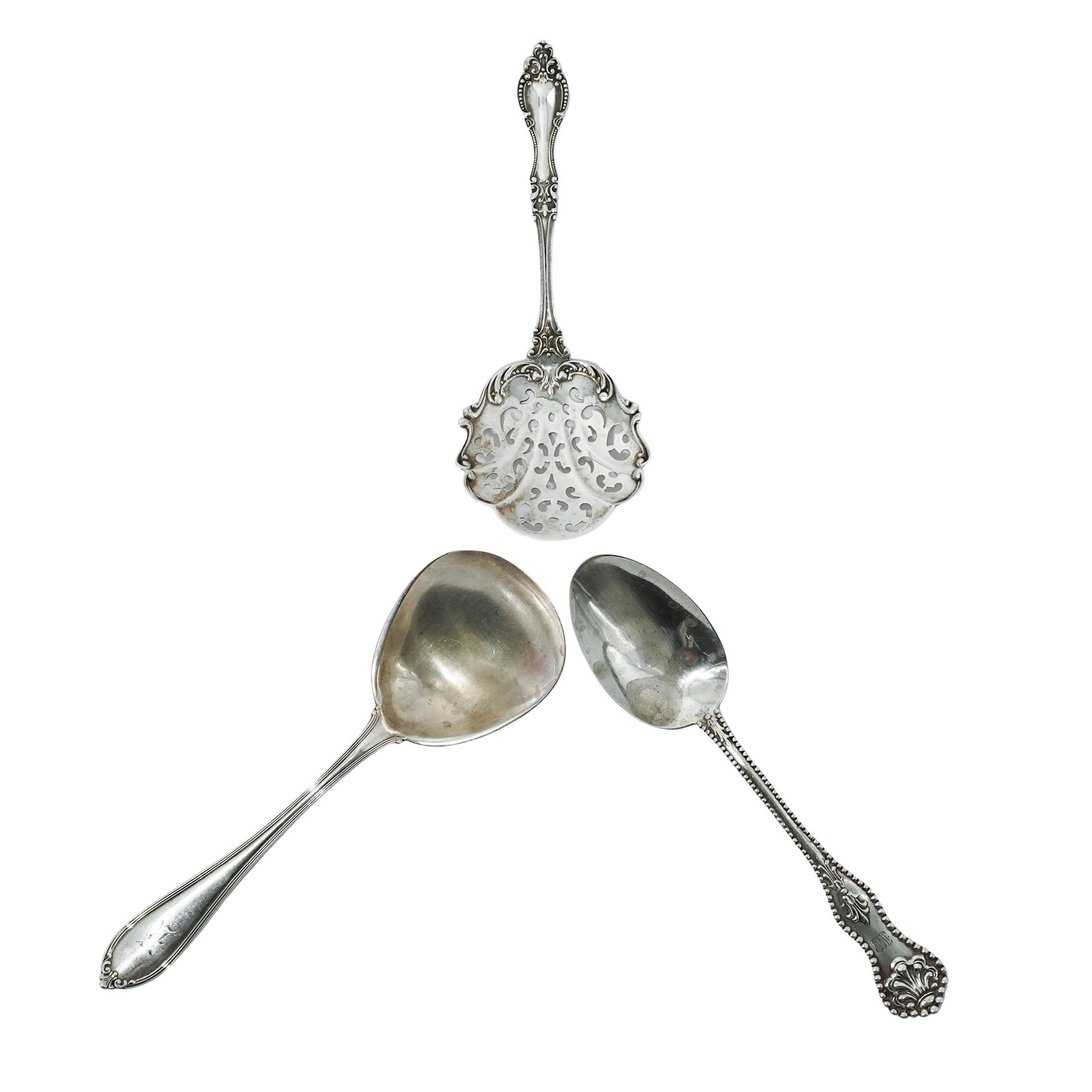(3pc) Antique Sterling Silver Serving Spoons: (3pc) Antique Sterling Silver Serving Spoons Late 19th to early 20th Cent. Antique Sterling silver group comprising: (1)Dominick & Haff "Charles II". pattern with monogram.Hallmarked and stamped 'Ster