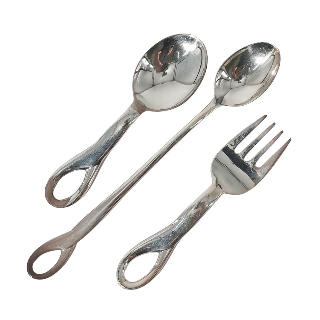 (3 pc) Tiffany & Co. x Peretti Sterling Flatware: (3 pc) Tiffany & Co. x Peretti Sterling Flatware Late 20th Century, Italy. Three Tiffany & Co. Sterling Silver Flatware Pieces, designed by Elsa Peretti, comprising two spoons and one fork in the “P
