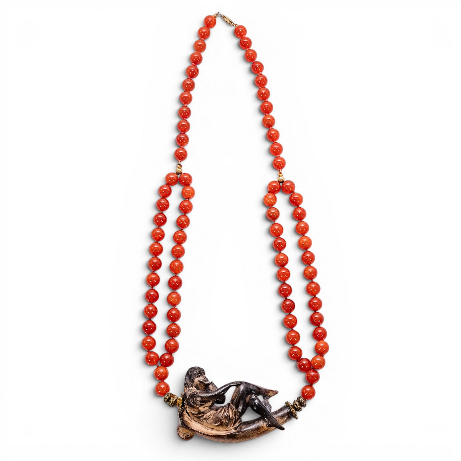 Art Nouveau Style Figural Festoon Red Bead Necklace: Art Nouveau Style Figural Festoon Red Bead Necklace Late 20th Century Art Nouveau style figural festoon necklace featuring a reclining lady centerpiece with double-strand red bead drops and gold plate
