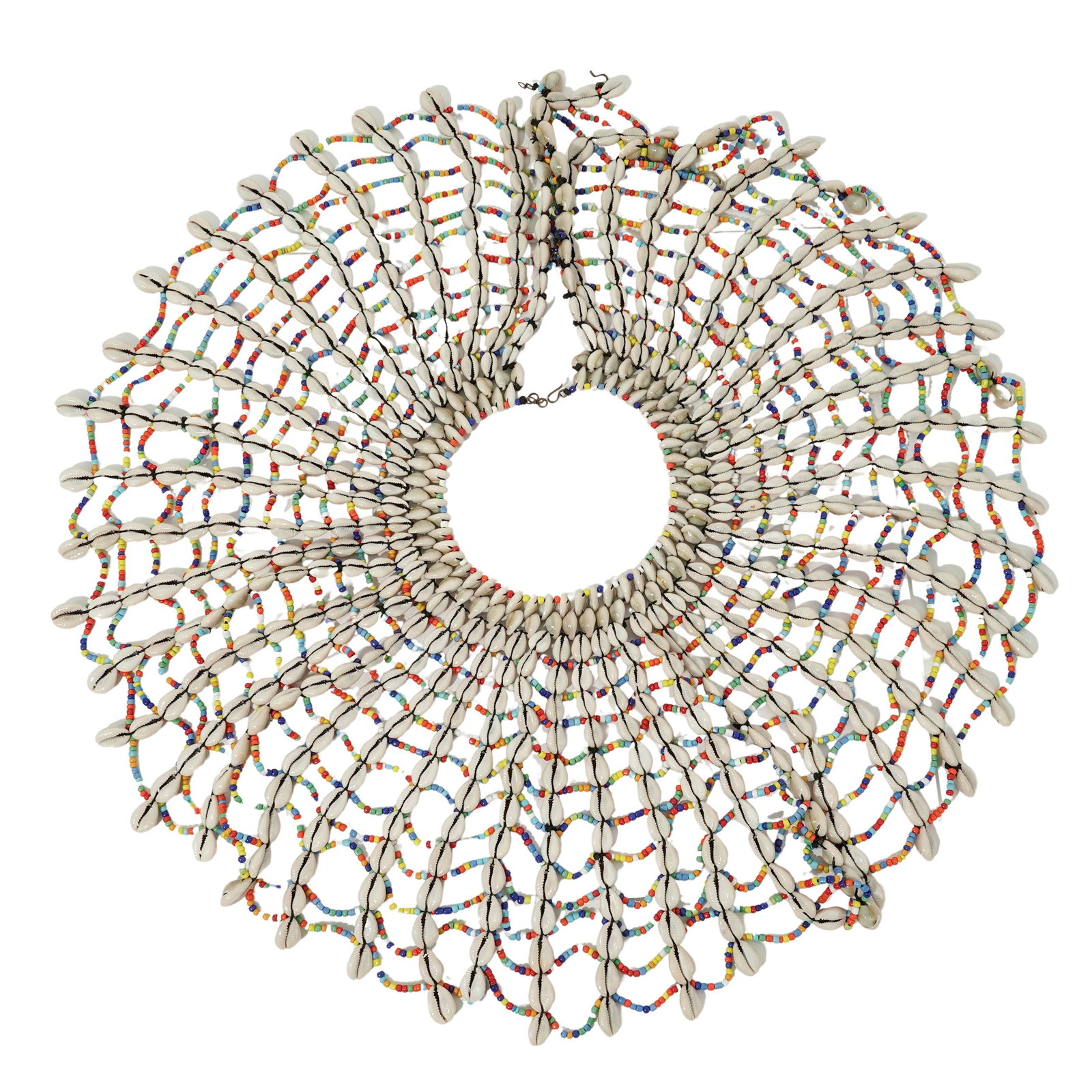 African Maasai Cowrie Shell & Bead Bib Necklace: African Maasai Cowrie Shell & Bead Bib Necklace 20th century, Africa Maasai Cowrie Shell Shoulder Necklace, also frequently called a "bib" or "cape" necklace due to its wide, draped design. These stri