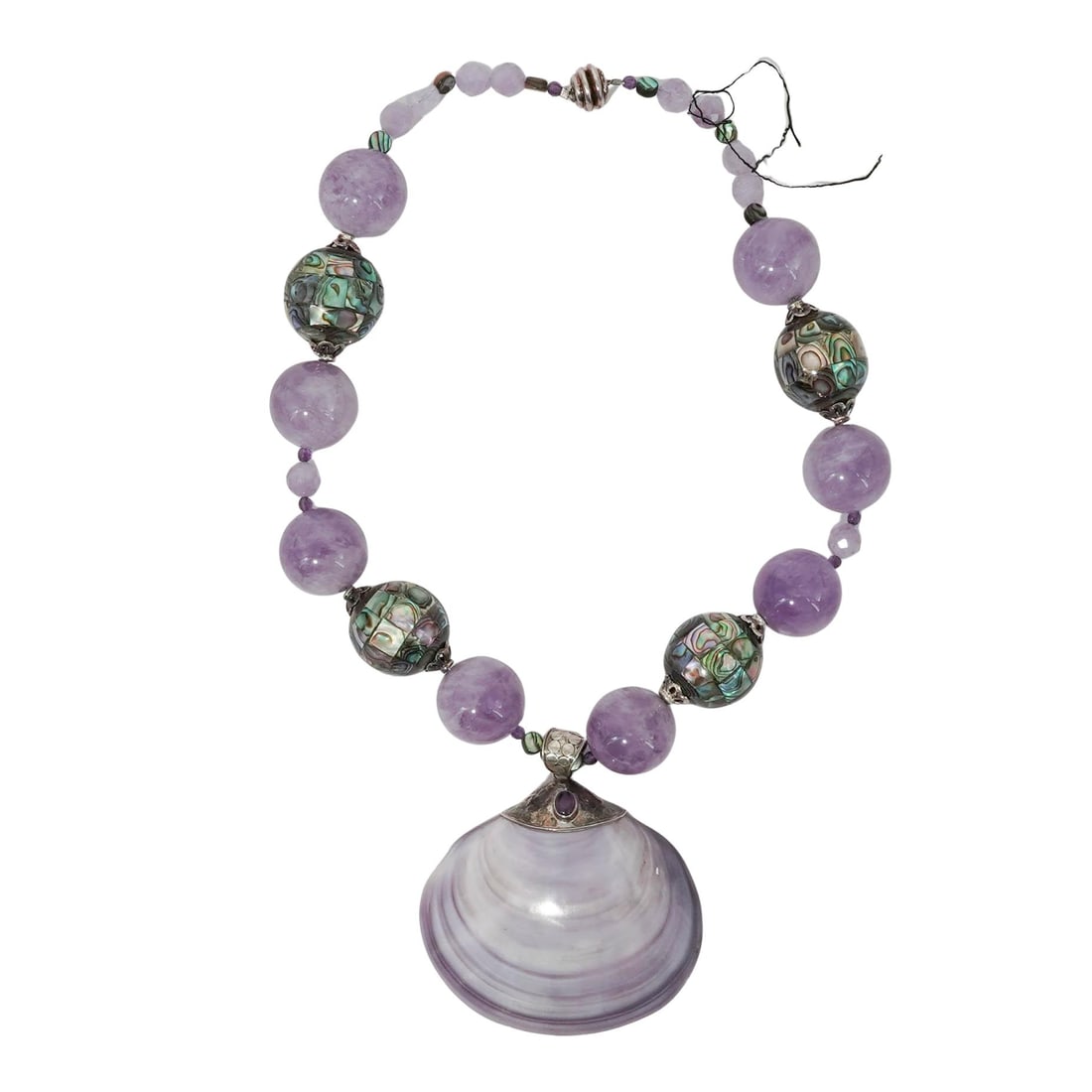 Purple Amethyst, Abalone & Shell Necklace: Purple Amethyst, Abalone & Shell Necklace Late 20th c. Statement necklace featuring a sterling silver–mounted light purple shell pendant suspended from a strand of alternating amethyst beads and rou