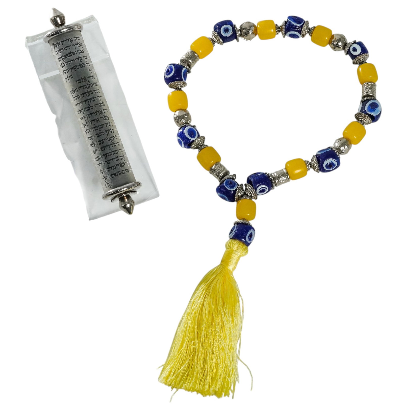 (2 pc) Michael Kupietzky (American, 1967-) Glass Qumran Mezuzah & Evil Eye Prayer Beads: (2 pc) Michael Kupietzky (American, 1967-) Glass Qumran Mezuzah & Evil Eye Prayer Beads Late 20th Century, Israel Including a glass mezuzah signed on the underside by Michael Kupietzky, of cylindrical
