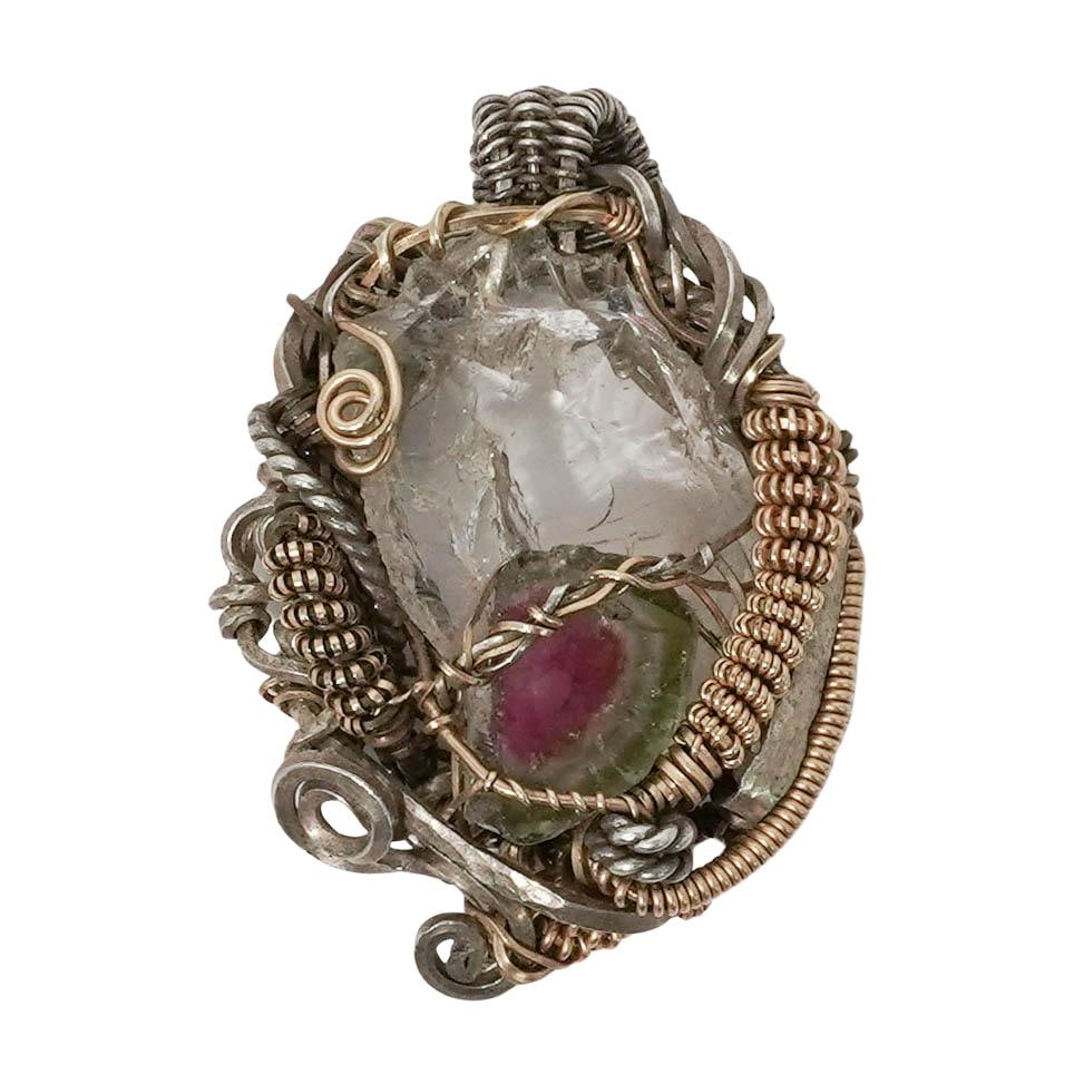 Artisan 14K Gold & Sterling Wire-Wrapped Crystal Pendant: Artisan 14K Gold & Sterling Wire-Wrapped Crystal Pendant Late 20th c. Handcrafted pendant featuring 14K gold and sterling silver wire intricately wrapped around a rough-cut clear quartz crystal with a