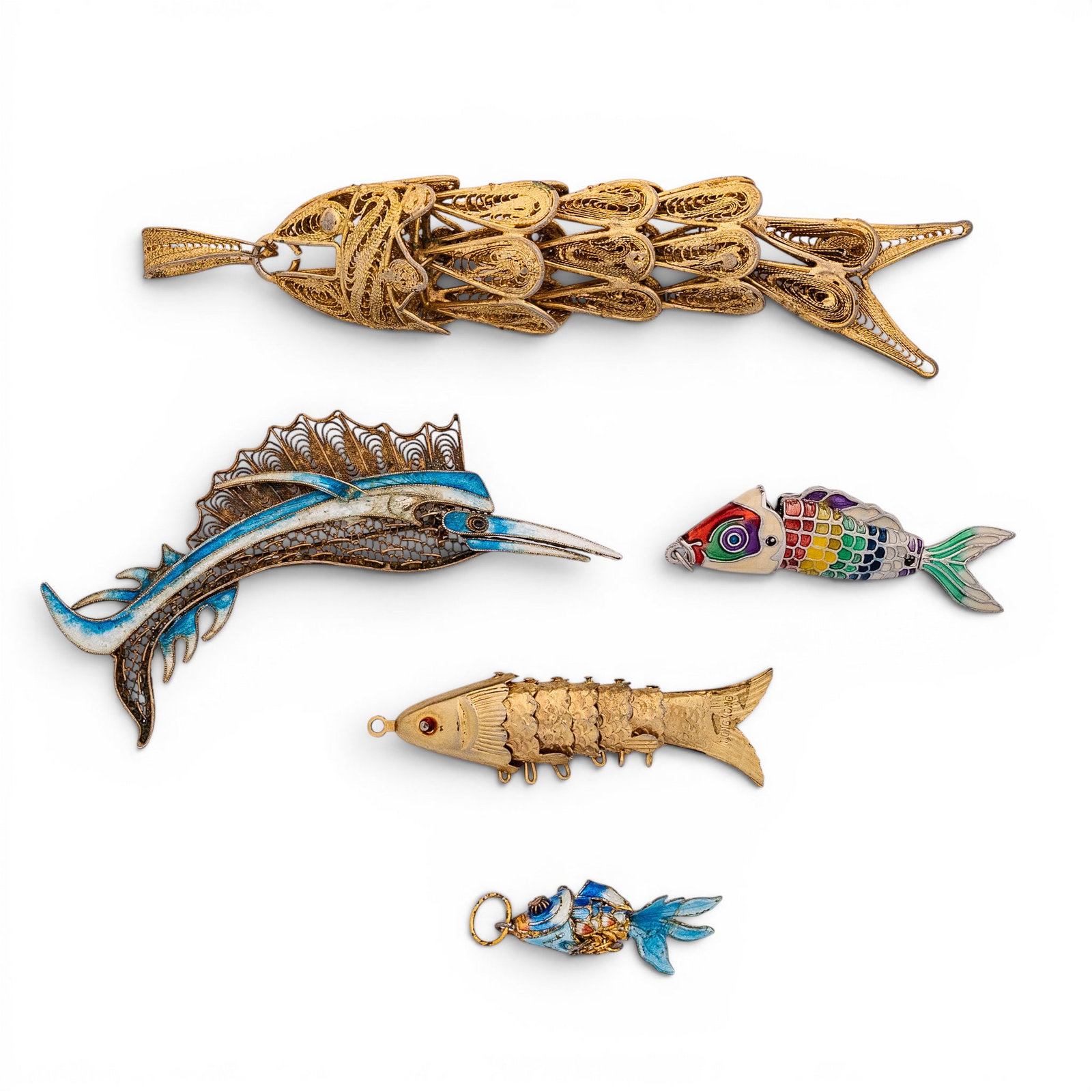 (5 Pcs) Assorted Gilt Silver & Enamel Fish Pendant Set (1 of 5)