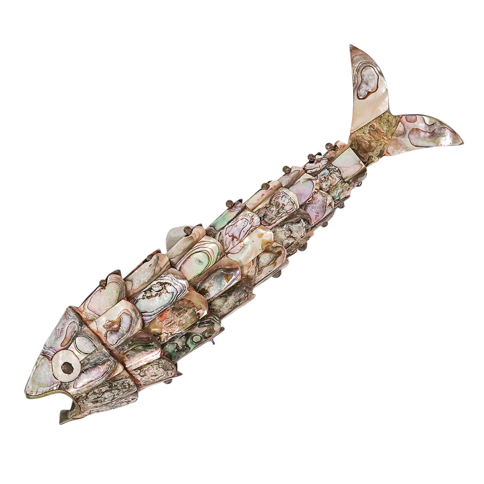 Vintage Mexican Abalone & Brass Fish Bottle Opener: Vintage Mexican Abalone & Brass Fish Bottle Opener Mid 20th Cent., Mexican This is a vintage Mexican articulated fish bottle opener, an iconic piece of mid-century barware. These 'wiggle fish' are han