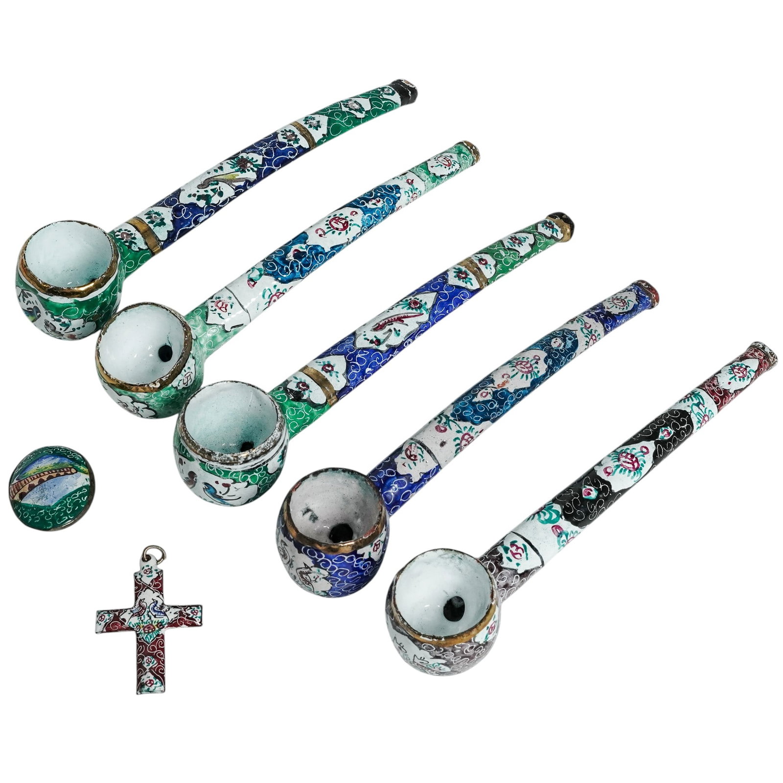 (7 Pc) Vintage Hand Painted Opium Pipes, Pendant, & Brooch: (7 Pc) Vintage Hand Painted Opium Pipes, Pendant, & Brooch 20th Century, Continental. Decorative Asian-Style Porcelain Pipe Set, comprising five hand-painted pipes with enamel-style motifs, together w