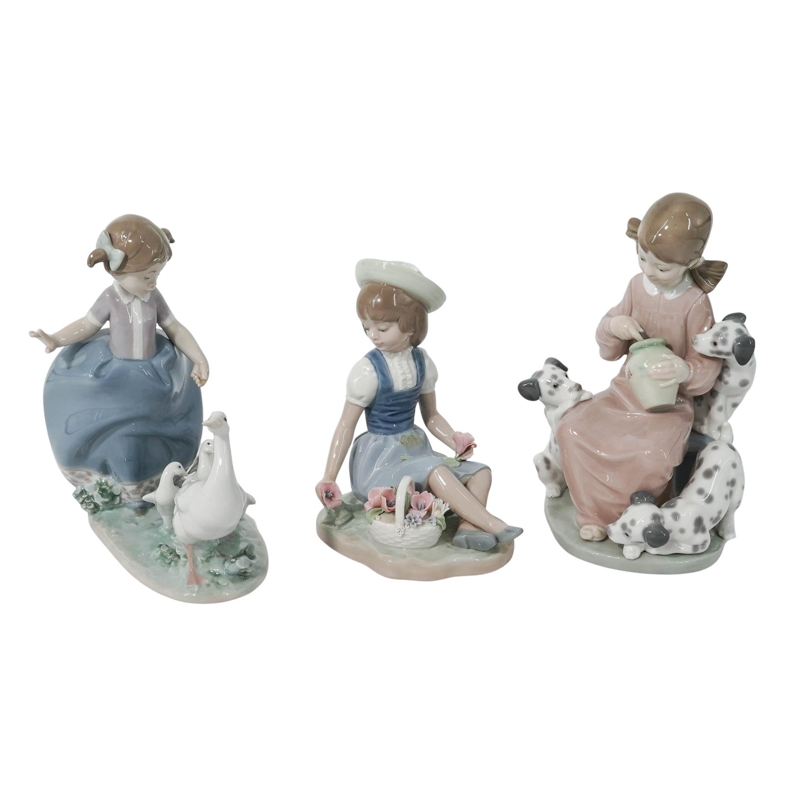 (3 pc) Lladro Porcelain Figurines: (3 pc) Lladro Porcelain Figurines c. 1974,1988, 2007. Spain The lot includes: (1) "Hurry Now" figurine # 5503 , depicts a young girl herding a group of geese. Sculptured by Antonio Ramos in 1988, reti