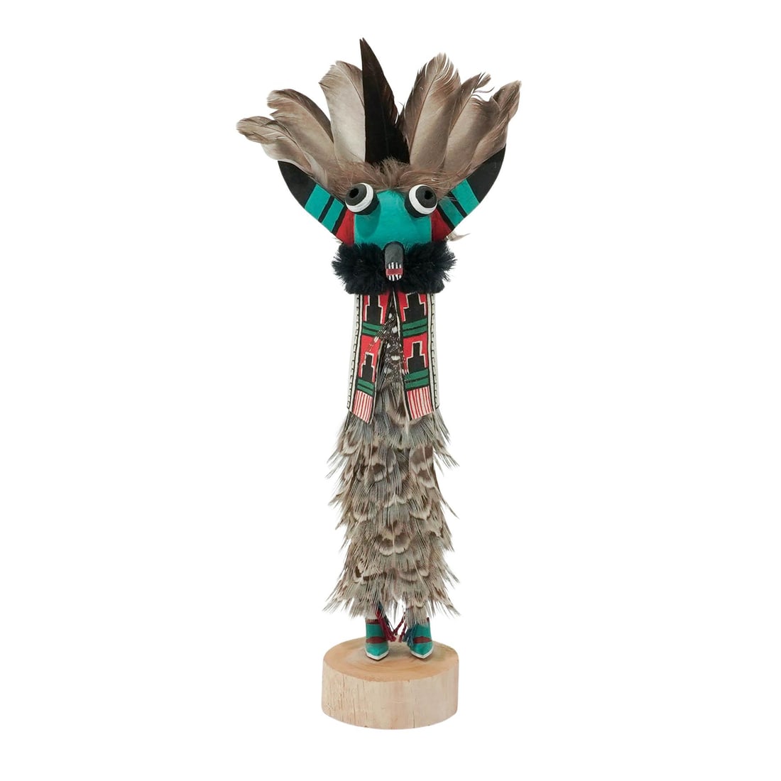 Alvin Leon Zuni Shalako Mana Kachina Doll: Alvin Leon Zuni Shalako Mana Kachina Doll Late 20th-21st c., USA Handmade Zuni Shalako Woman Kachina doll carved from wood and painted in vibrant colors, with feathers, faux fur, and cloth details. It