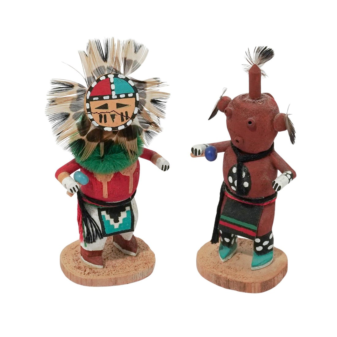(2 Pc) Hopi Son & Mudhead Kachina Dolls: (2 Pc) Hopi Son & Mudhead Kachina Dolls Late 20th-21st c., USA Hopi Son and Mudhead Kachina dolls hand-carved from wood with vibrant colors, feathers, and cloth details. They are titled and signed