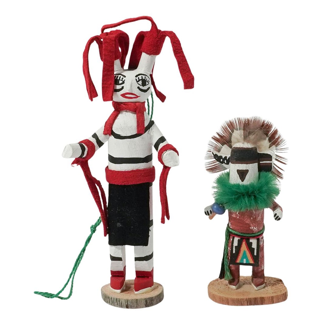 (2 Pc) Native American Kachina Dolls: (2 Pc) Native American Kachina Dolls Late 20th-21st c., USA Zuni Rain Priest doll hand-carved from wood with vibrant colors, feathers, faux fur, and cloth details. It is titled and signed “YJ”
